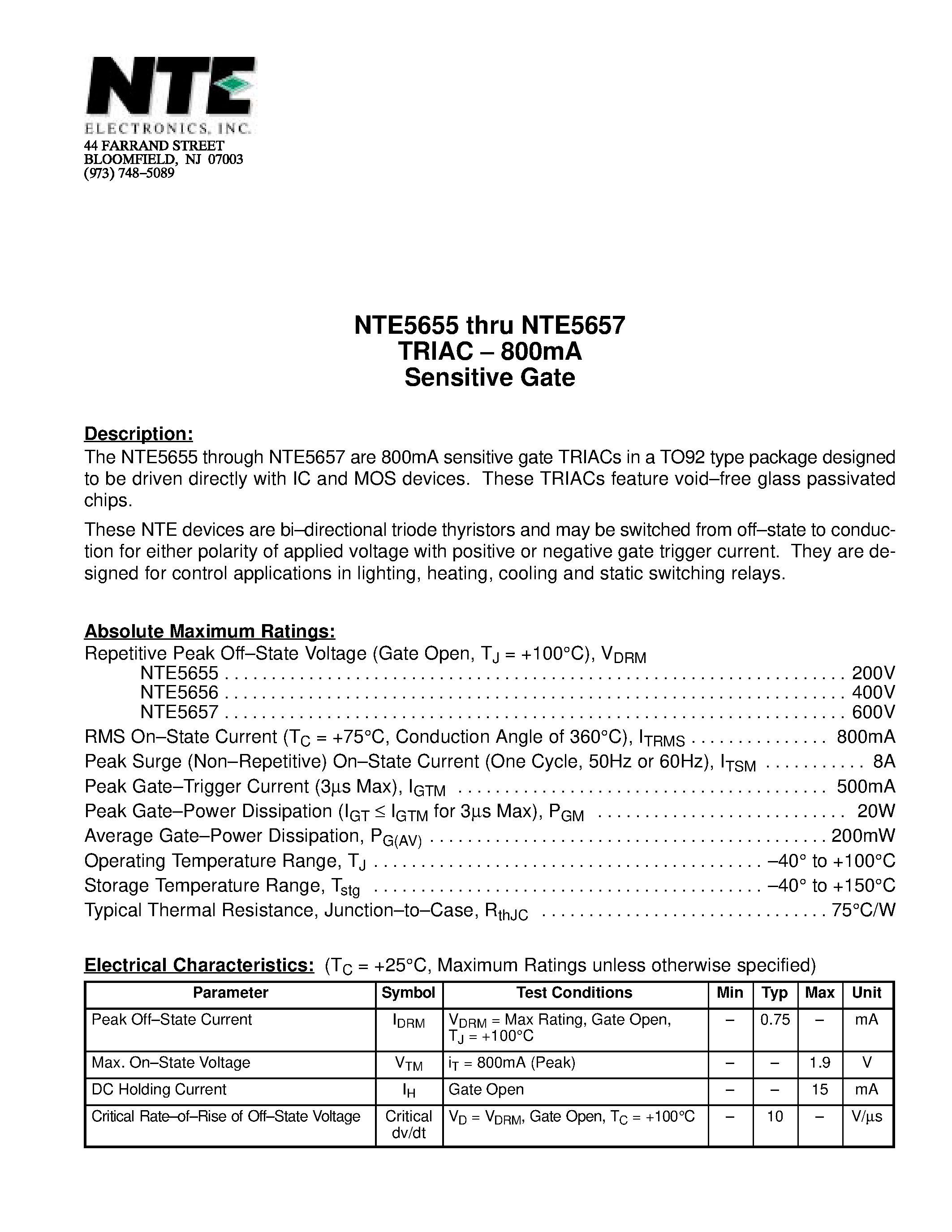 Datasheet NTE5655 - TRIAC - 800mA Sensitive Gate page 1