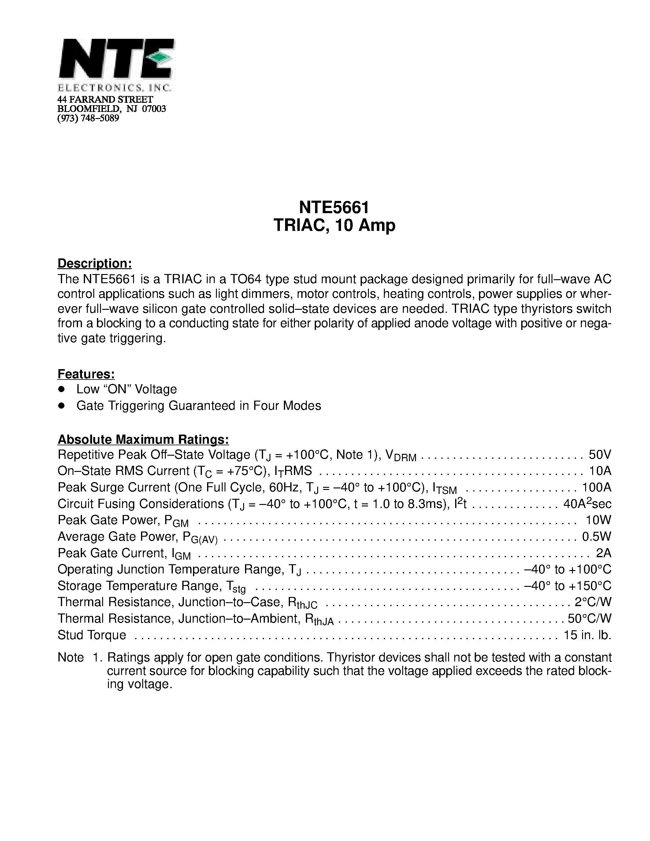 Datasheet NTE5661 - TRIAC / 10 Amp page 1