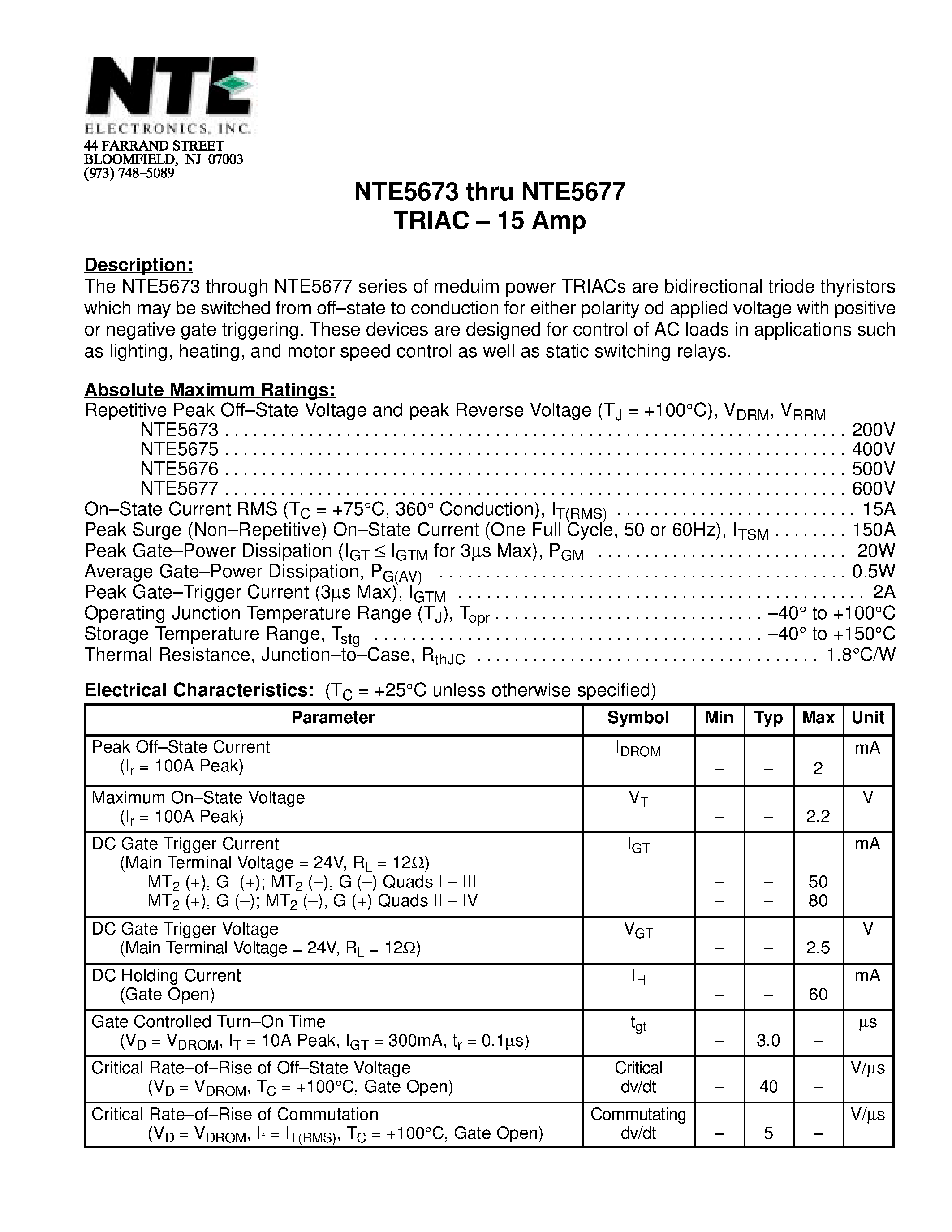 Datasheet NTE5675 - TRIAC - 15 Amp page 1