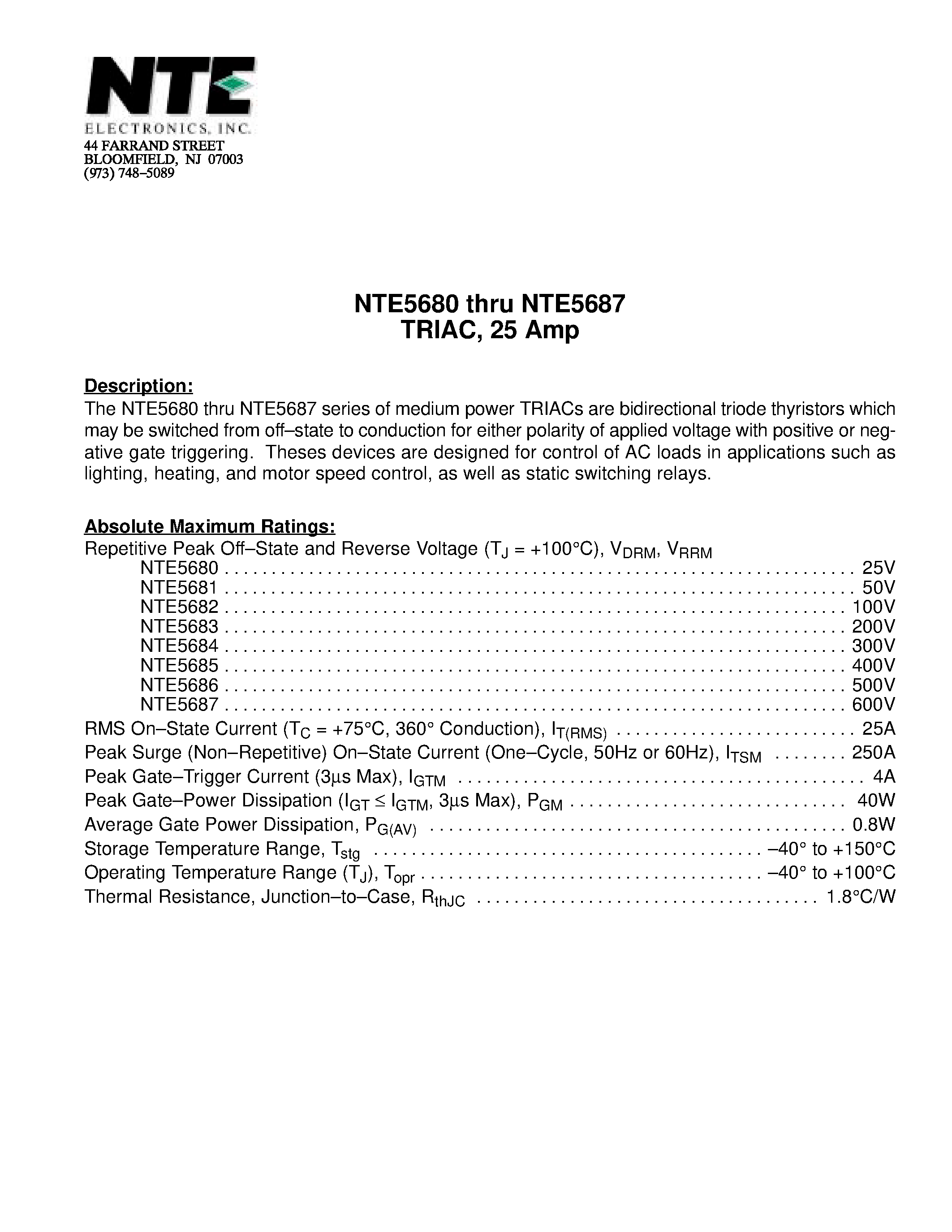 Datasheet NTE5680 - TRIAC / 25 Amp page 1