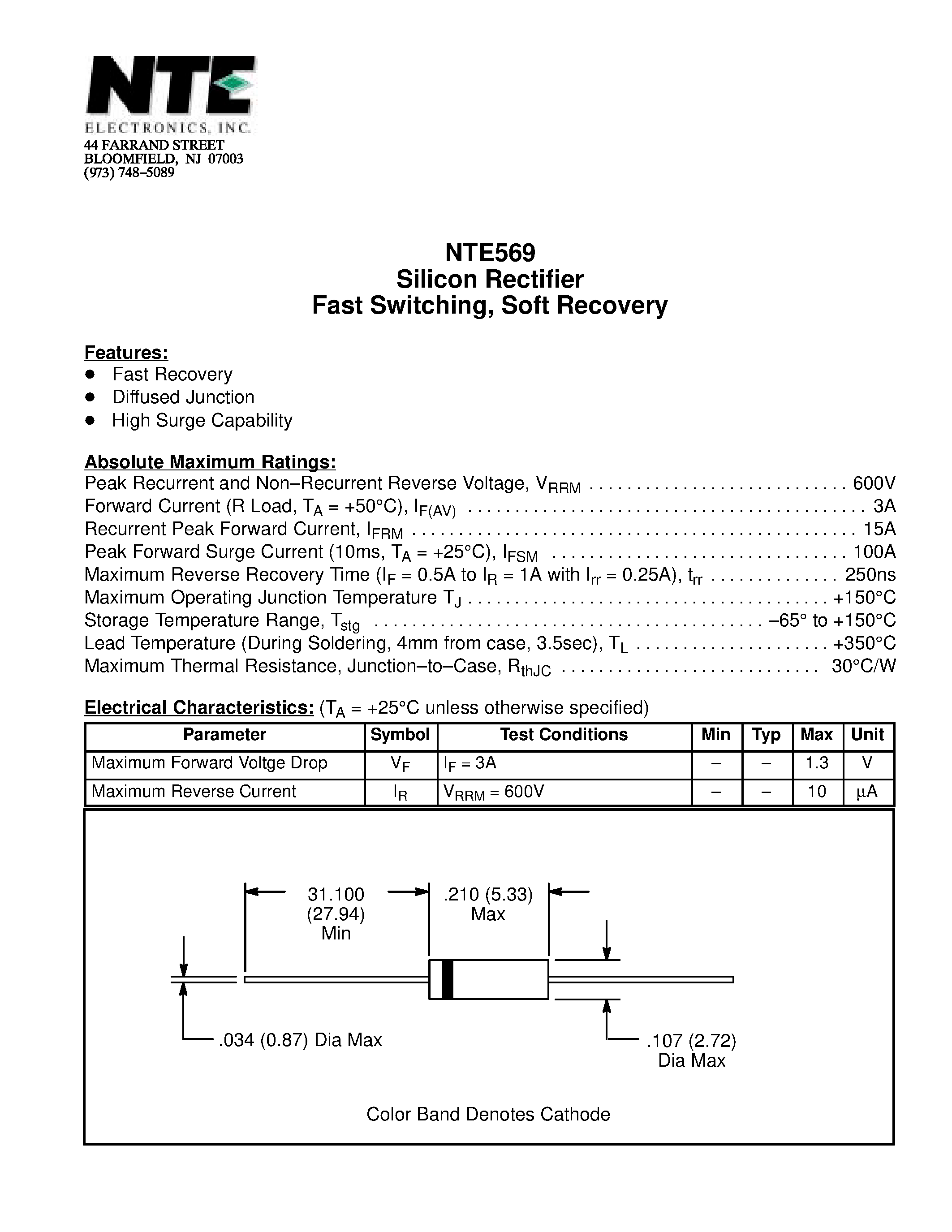 Даташит NTE569 - Silicon Rectifier Fast Switching / Soft Recovery страница 1