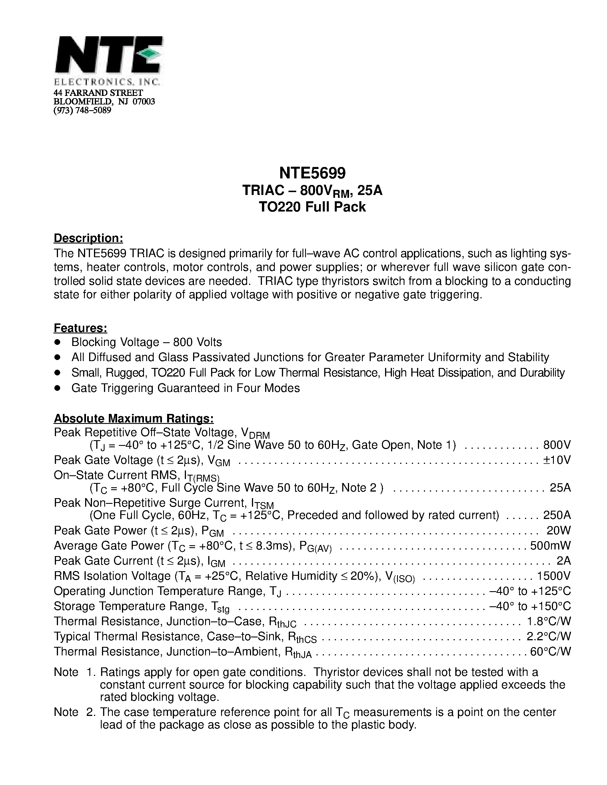 Datasheet NTE5699 - TRIAC - 800VRM / 25A TO220 Full Pack page 1