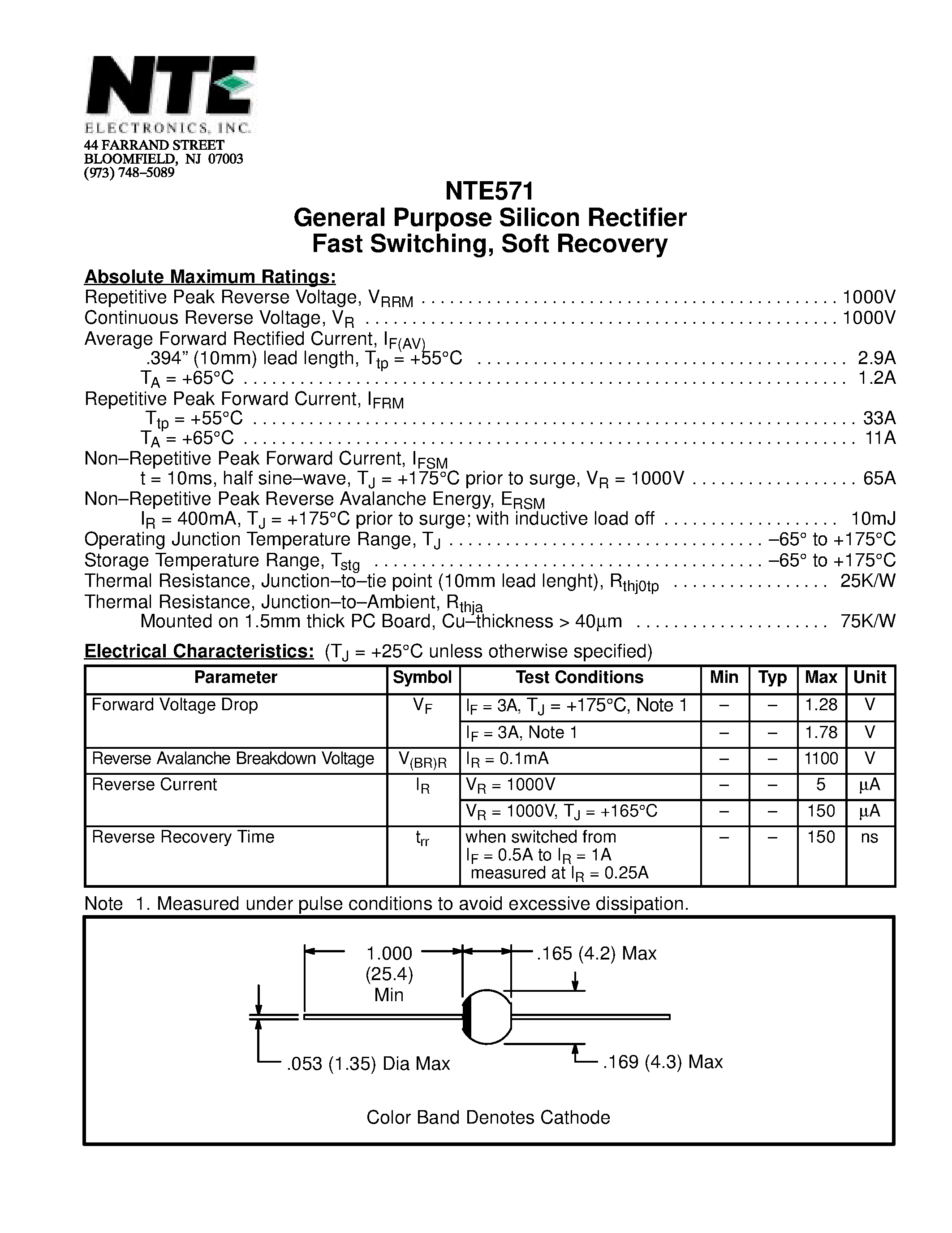 Даташит NTE571 - General Purpose Silicon Rectifier Fast Switching / Soft Recovery страница 1
