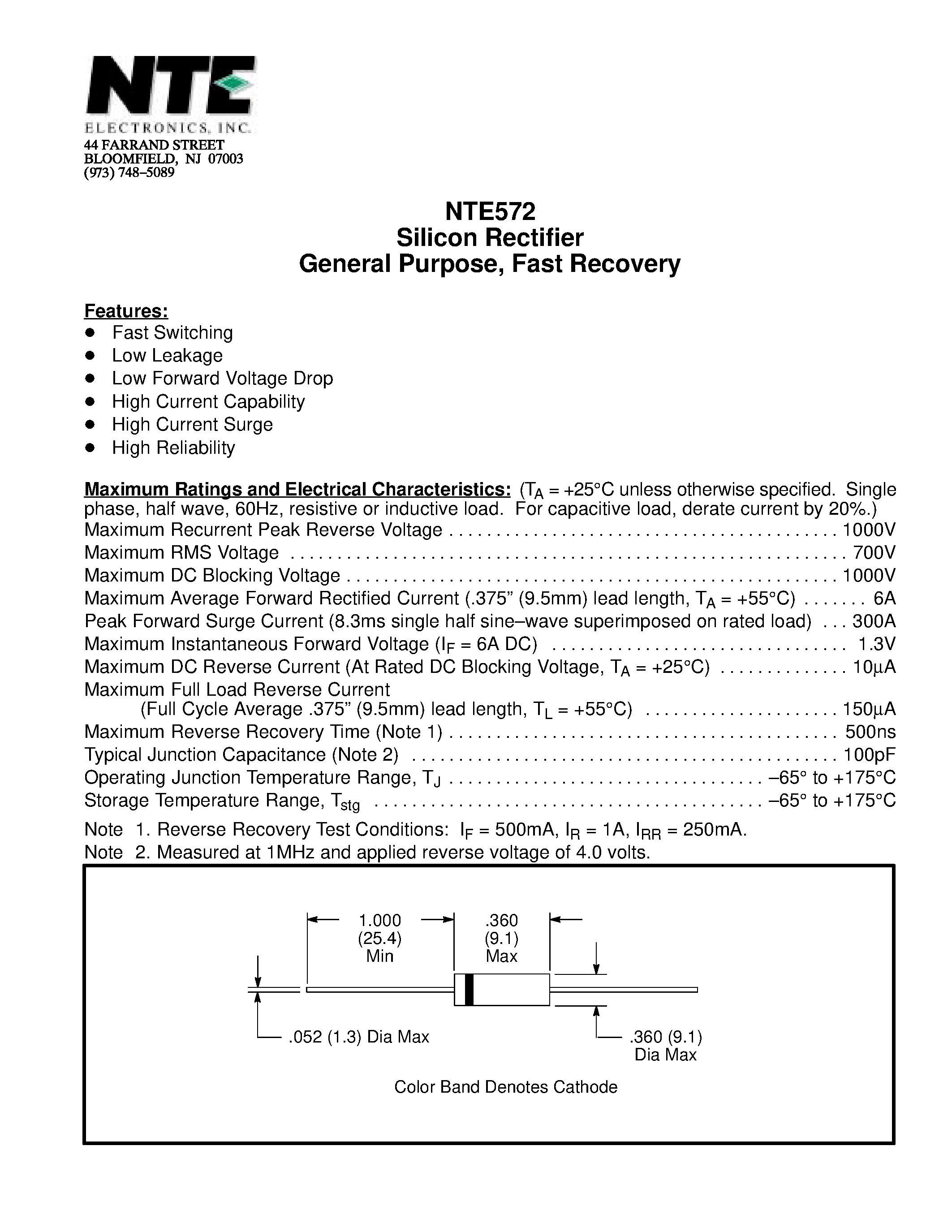 Даташит NTE572 - Silicon Rectifier General Purpose / Fast Recovery страница 1