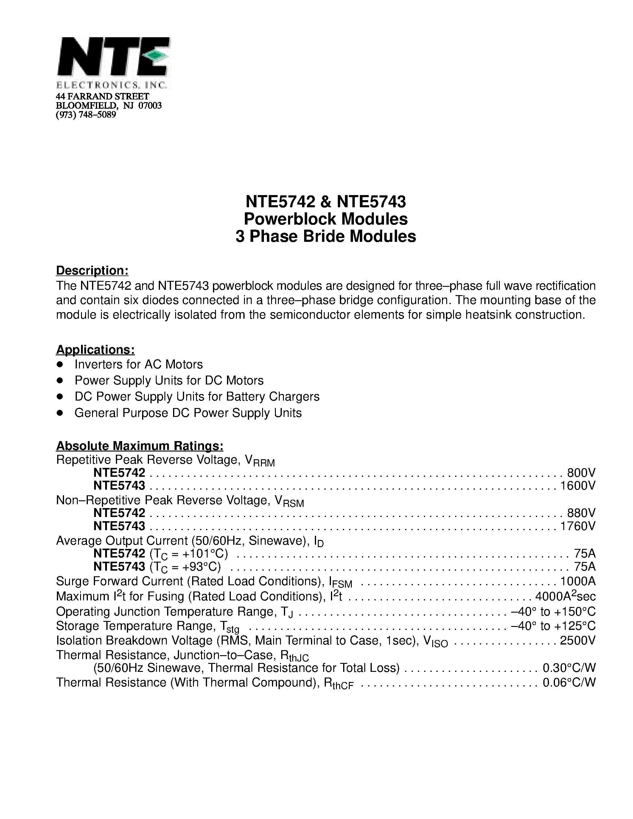 Datasheet NTE5743 - Powerblock Modules 3 Phase Bride Modules page 1