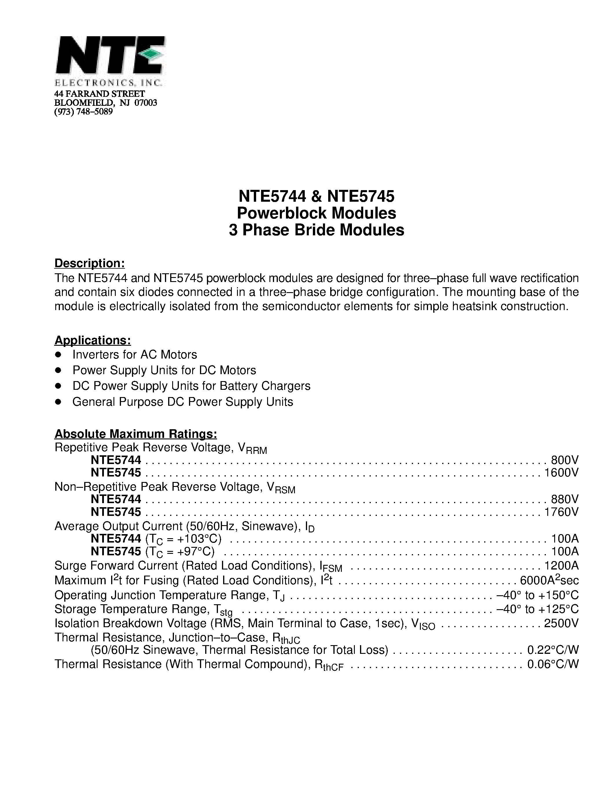 Datasheet NTE5744 page 1 Datasheet NTE5744 - Powerblock Modules 3 Phase Bride Modules page 1