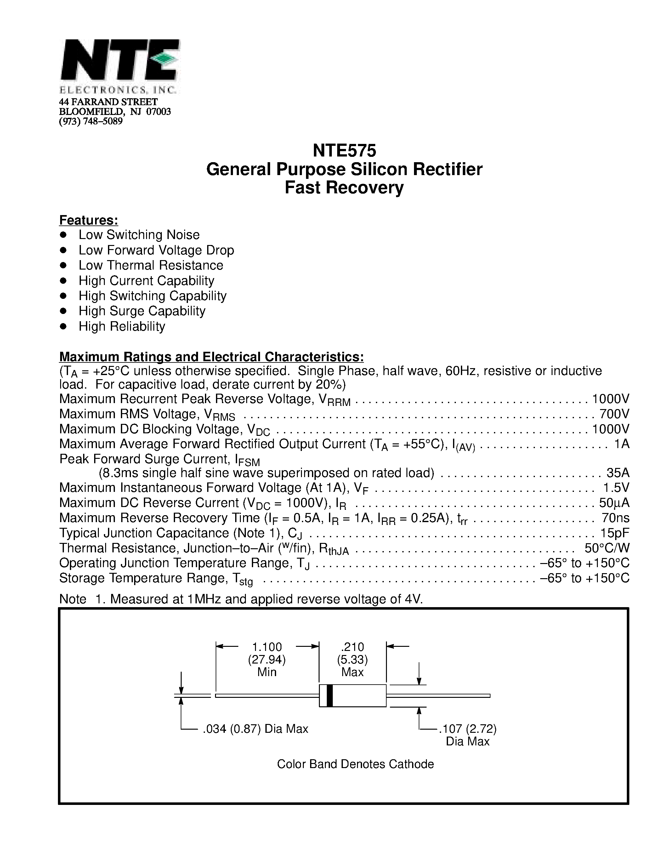 Даташит NTE575 - General Purpose Silicon Rectifier Fast Recovery страница 1