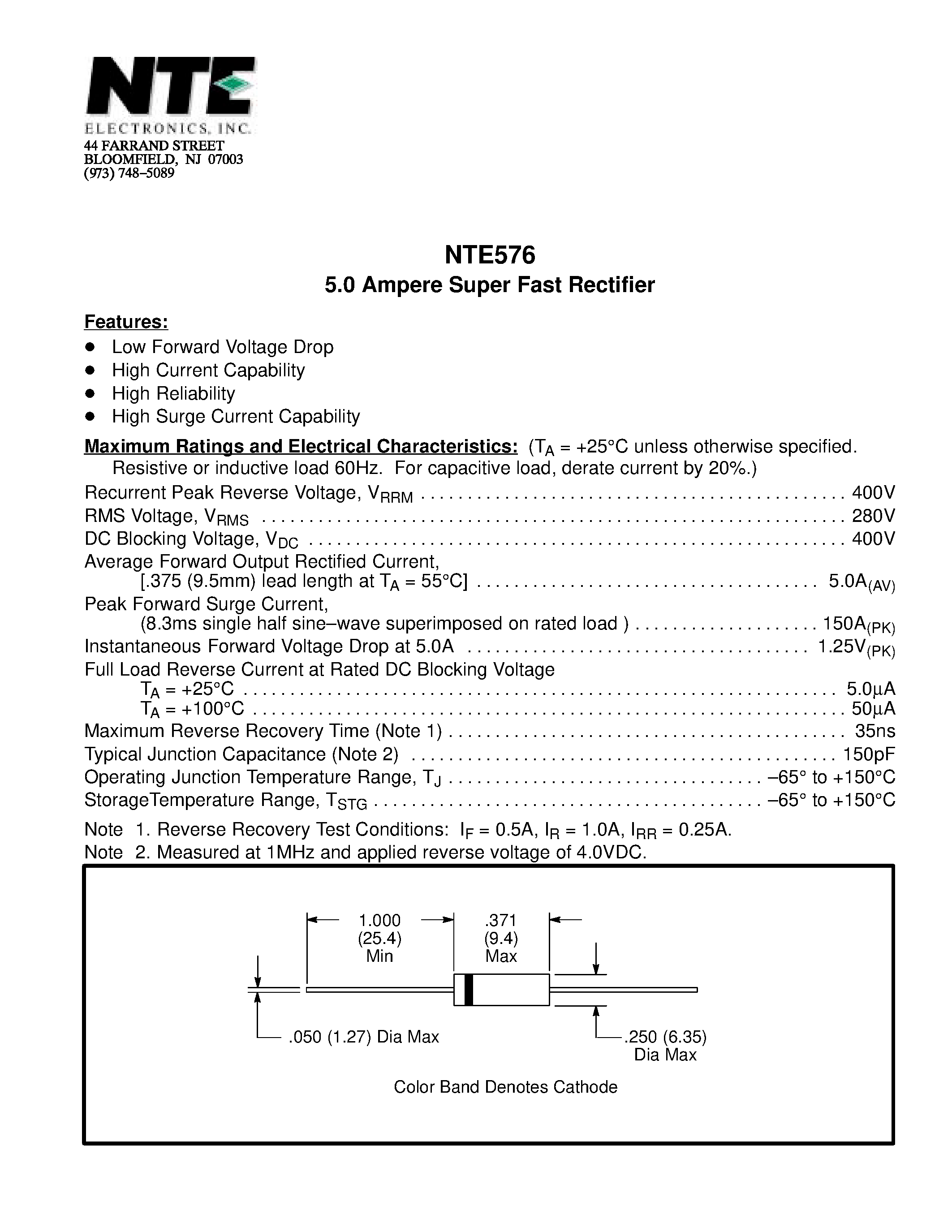 Даташит NTE576 - 5.0 Ampere Super Fast Rectifier страница 1