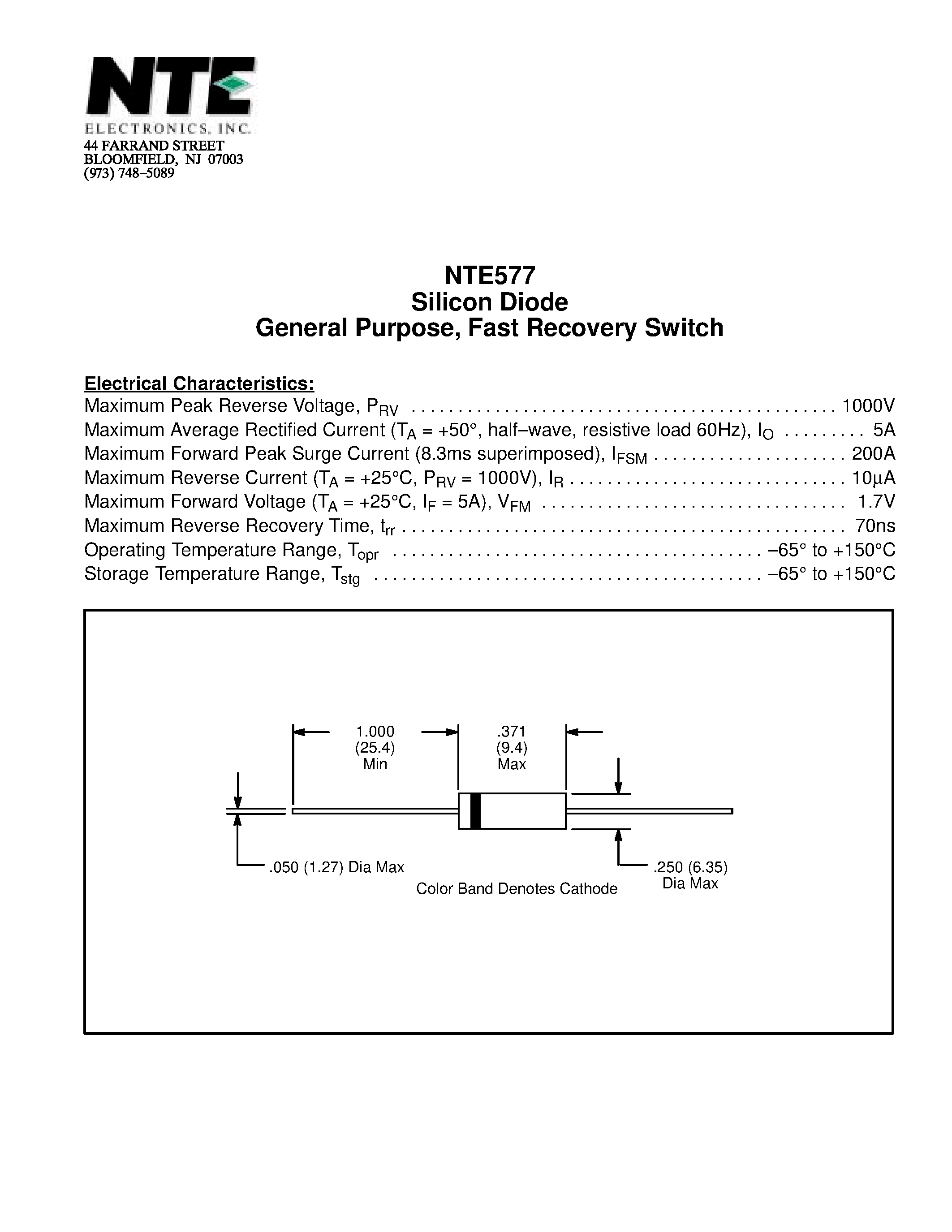 Datasheet NTE577 - Silicon Diode General Purpose / Fast Recovery Switch page 1