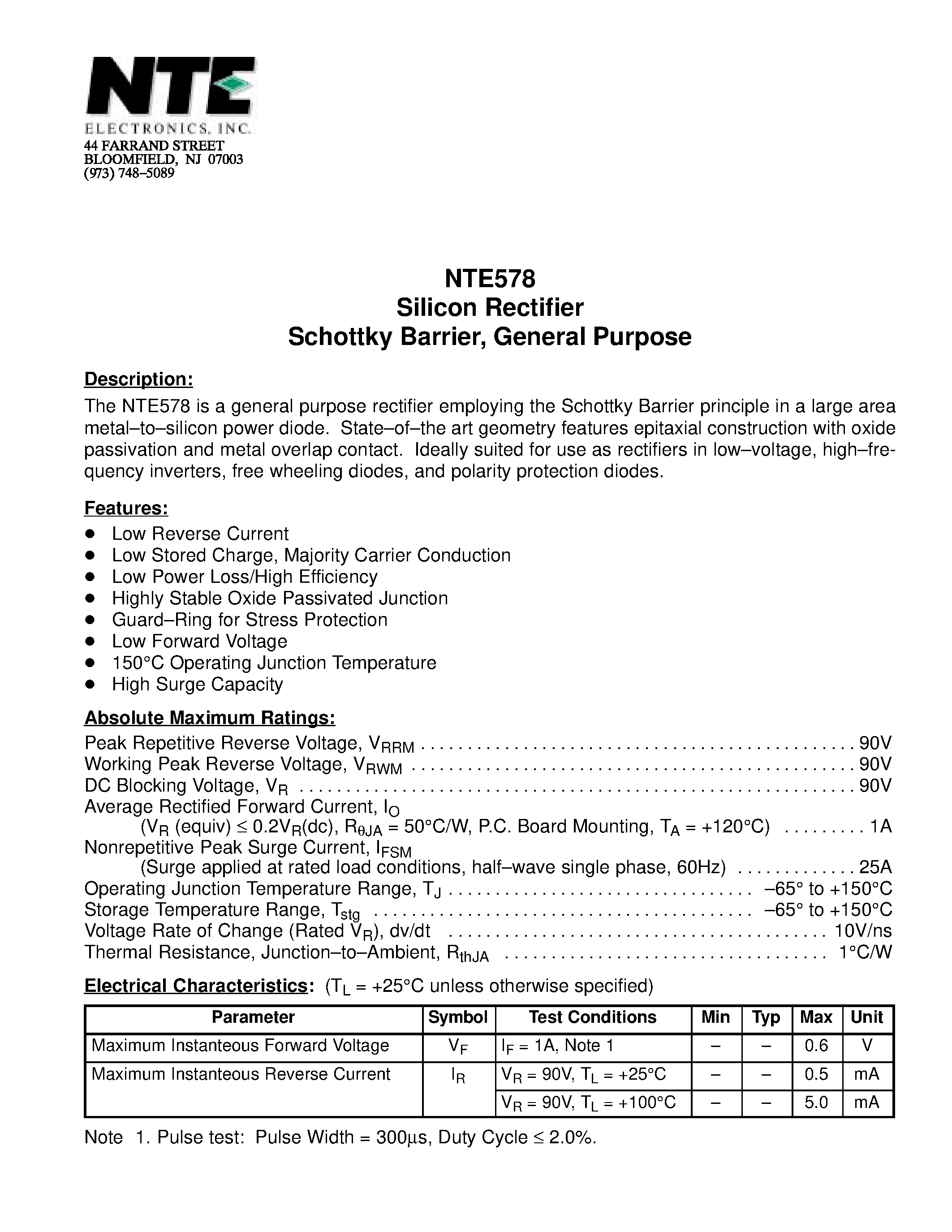Даташит NTE578 - Silicon Rectifier Schottky Barrier / General Purpose страница 1