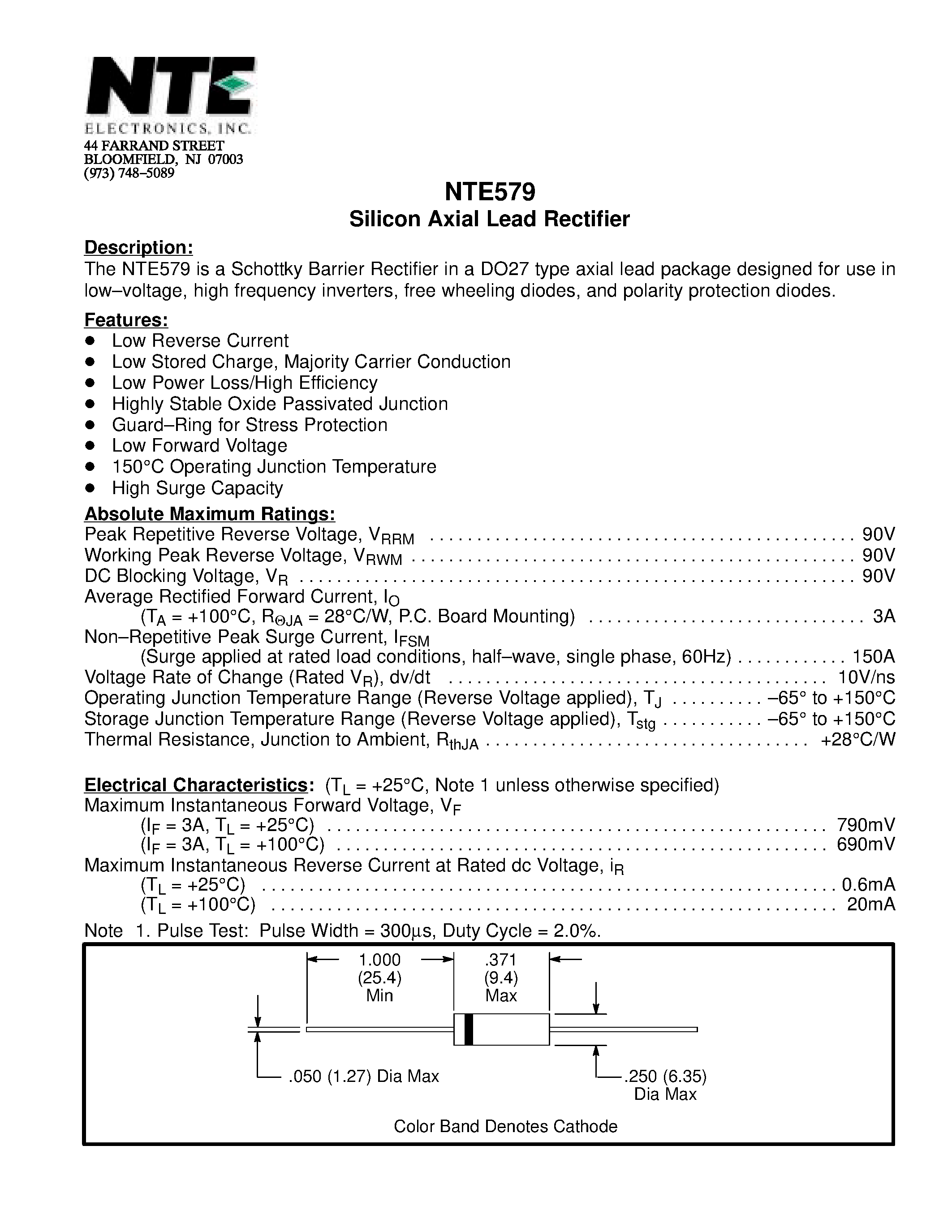 Даташит NTE579 - Silicon Axial Lead Rectifier страница 1