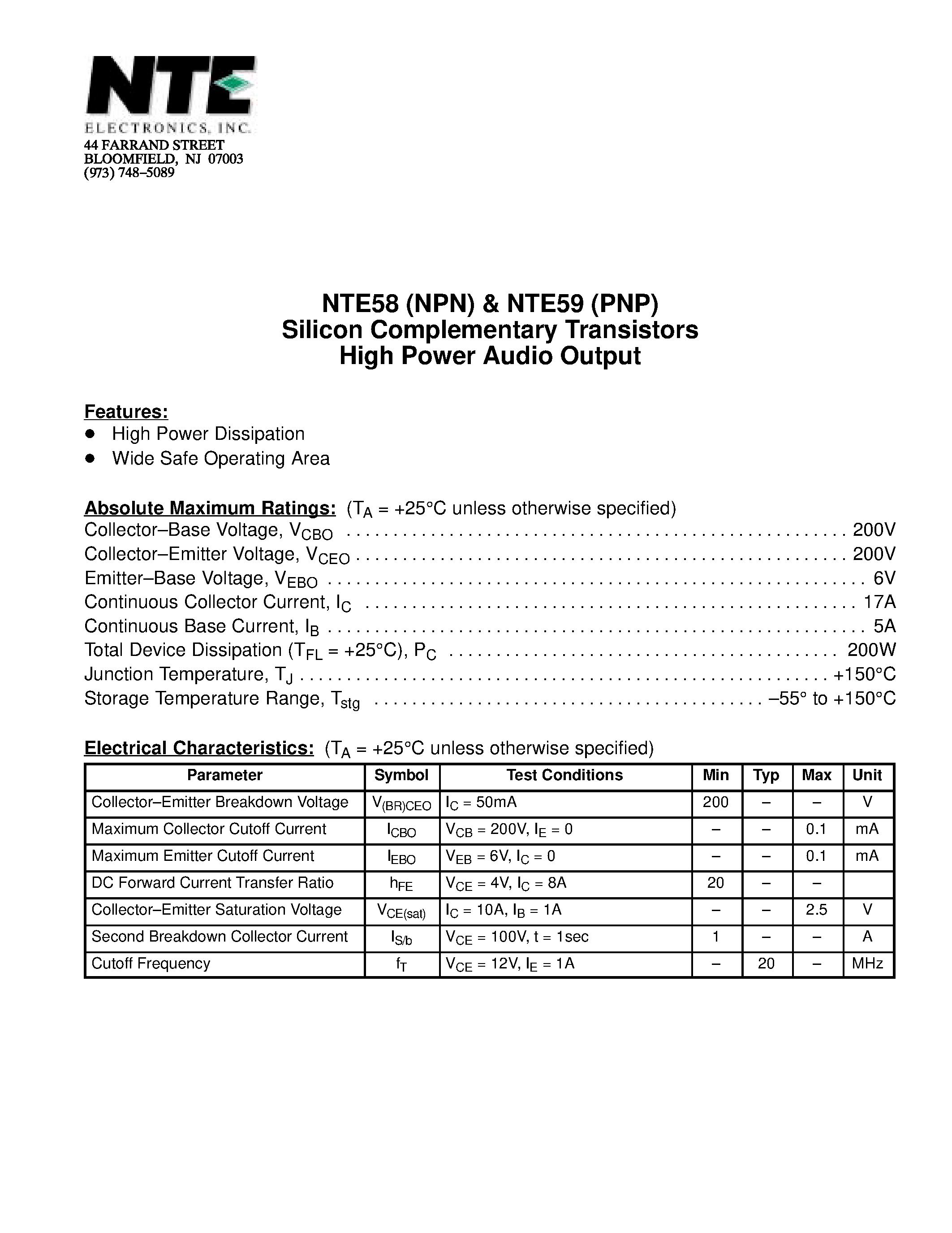 Datasheet NTE58 - Silicon Complementary Transistors High Power Audio Output page 1