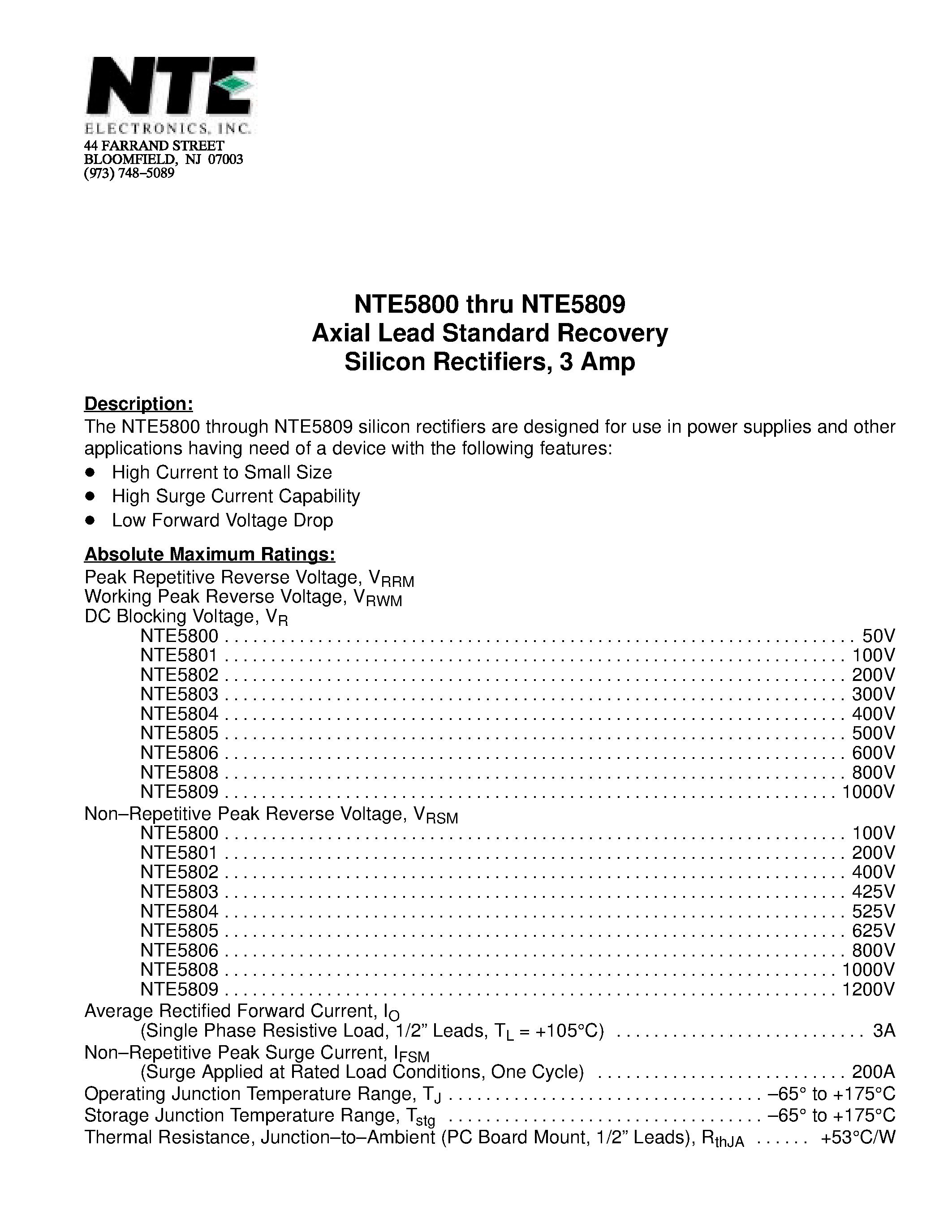 Datasheet NTE5800 page 1 Datasheet NTE5800 - Axial Lead Standard Recovery Silicon Rectifiers / 3 Amp page 1