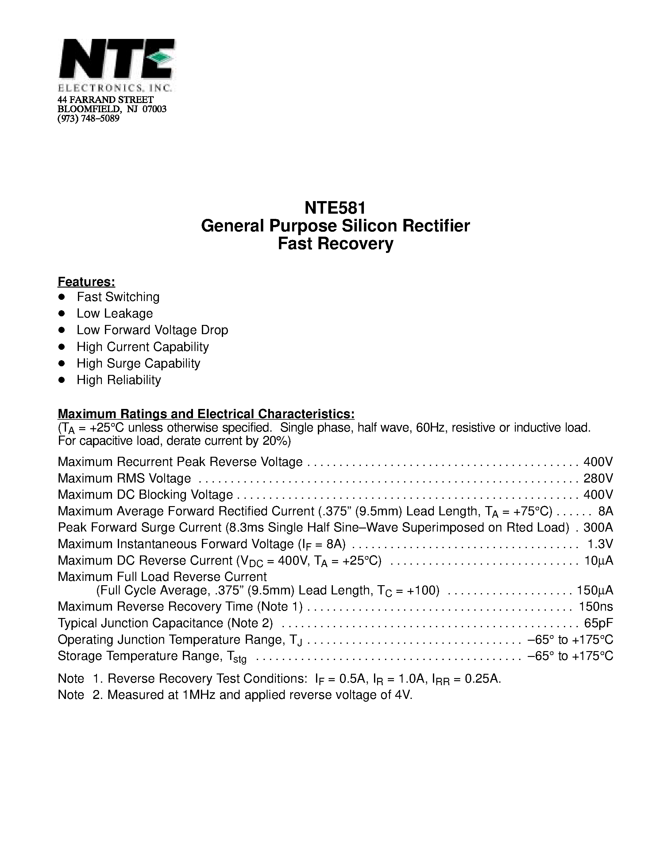 Даташит NTE581 - General Purpose Silicon Rectifier Fast Recovery страница 1