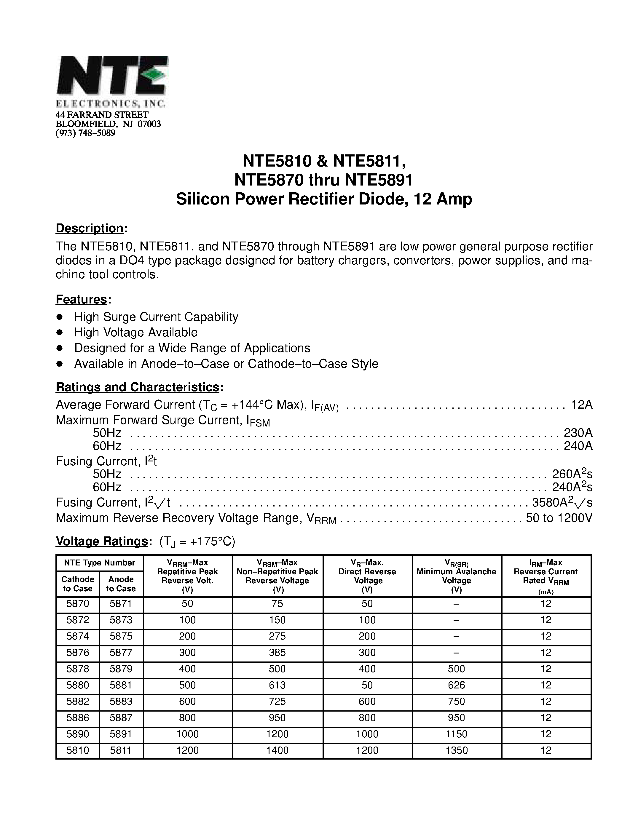 Даташит NTE5810 - Silicon Power Rectifier Diode / 12 Amp страница 1