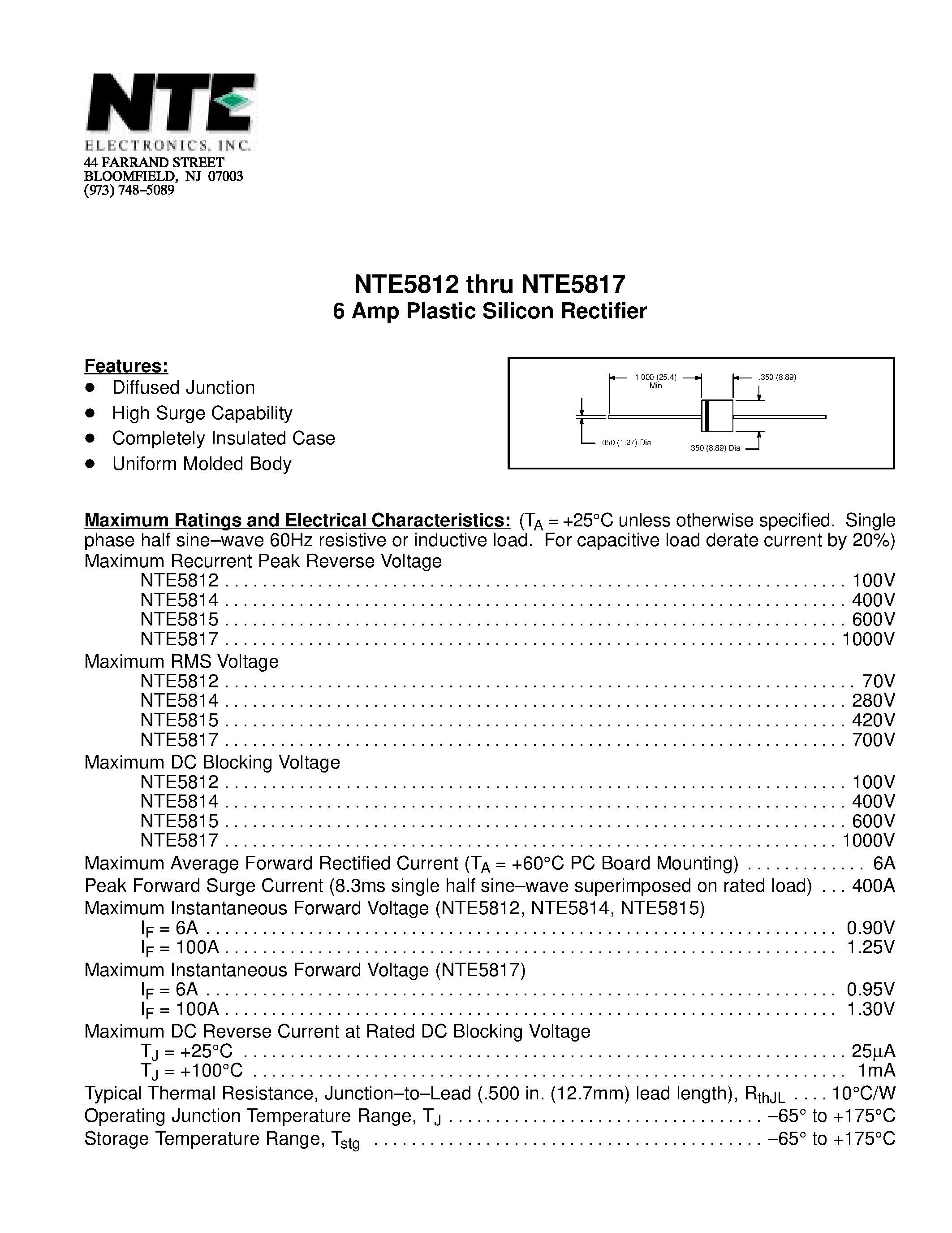Datasheet NTE5812 - 6 Amp Plastic Silicon Rectifier page 1