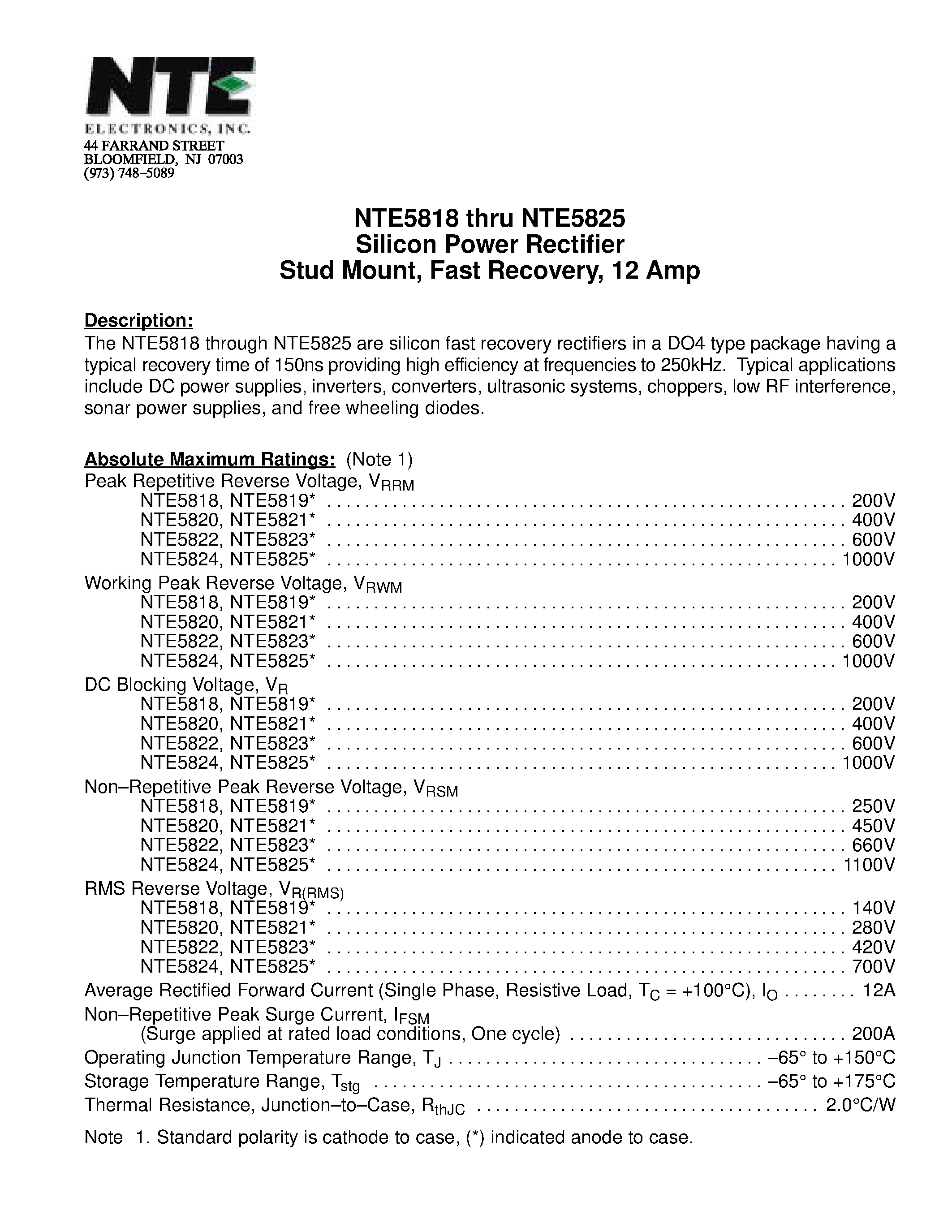 Datasheet NTE5818 page 1 Datasheet NTE5818 - Silicon Power Rectifier Stud Mount / Fast Recovery / 12 Amp page 1