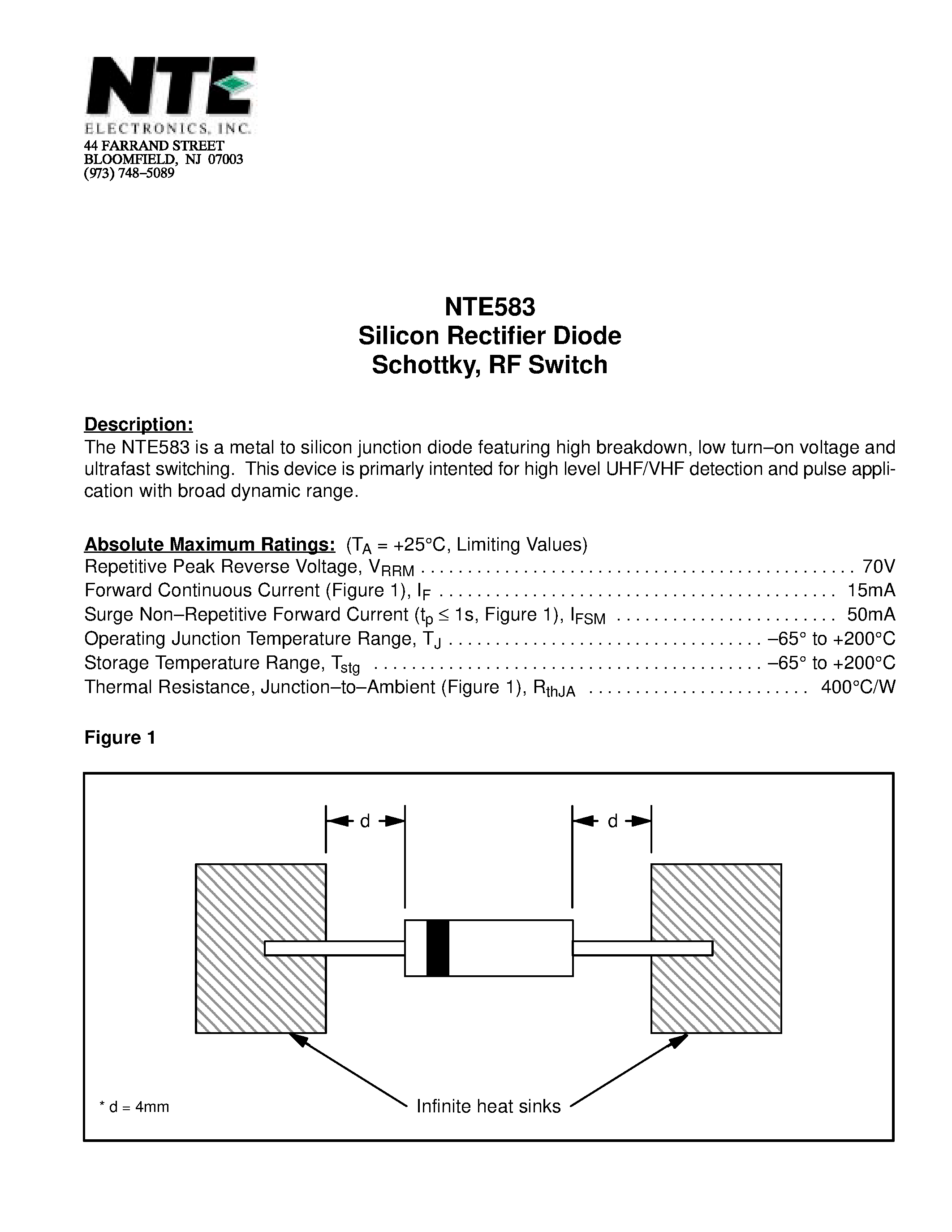 Даташит NTE583 - Silicon Rectifier Diode Schottky / RF Switch страница 1