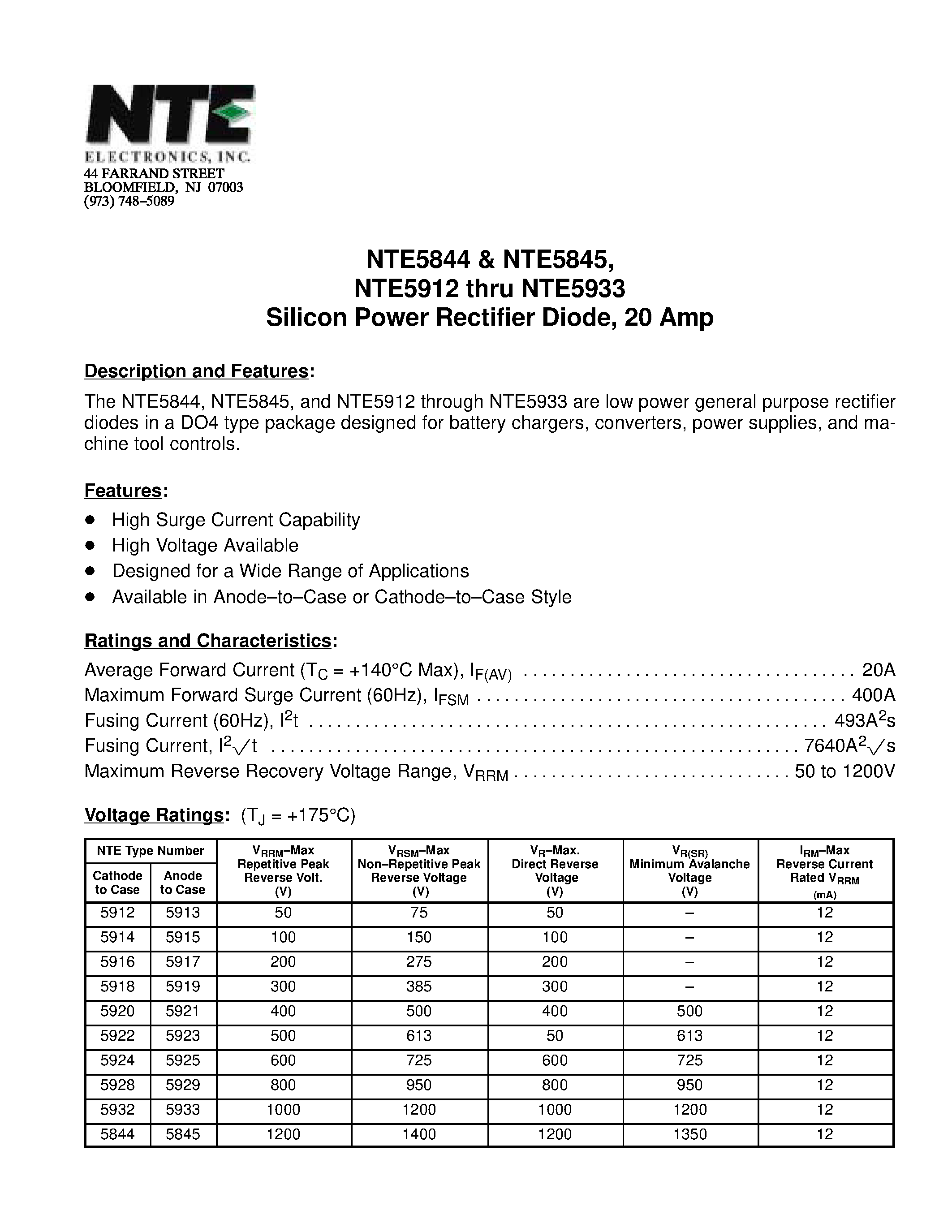 Даташит NTE5844 - Silicon Power Rectifier Diode / 20 Amp страница 1