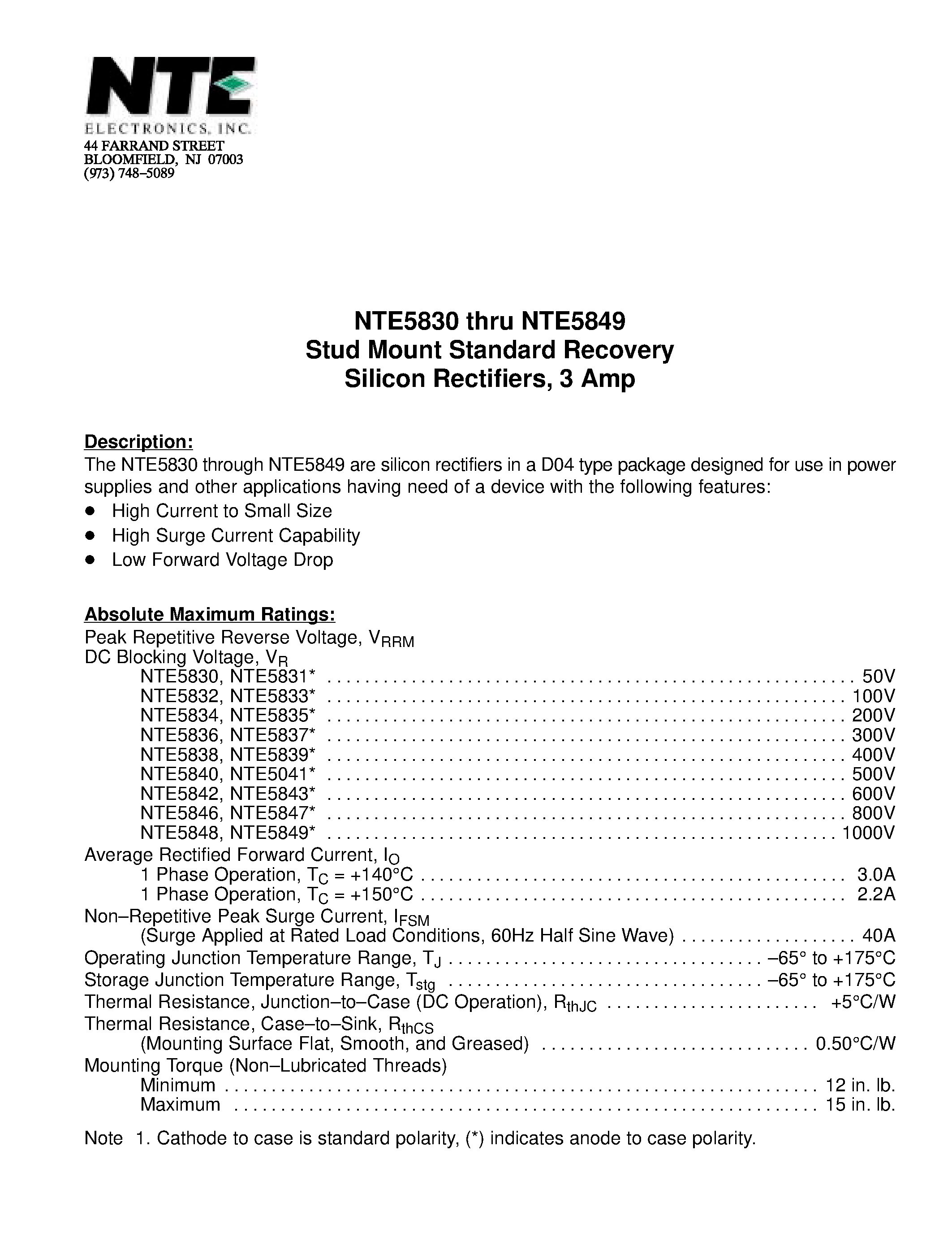 Datasheet NTE5849 page 1 Datasheet NTE5849 - Stud Mount Standard Recovery Silicon Rectifiers / 3 Amp page 1