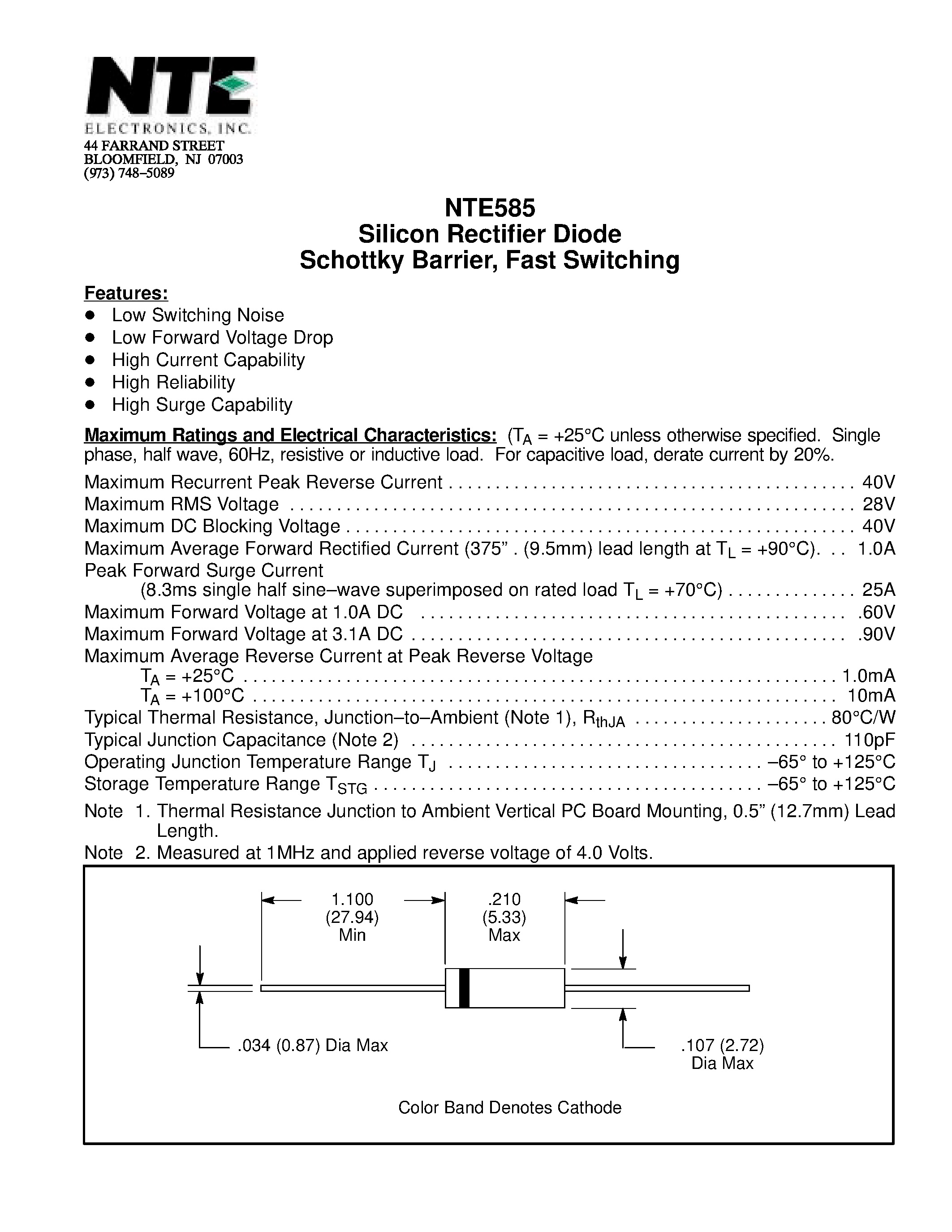 Даташит NTE585 - Silicon Rectifier Diode Schottky Barrier / Fast Switching страница 1