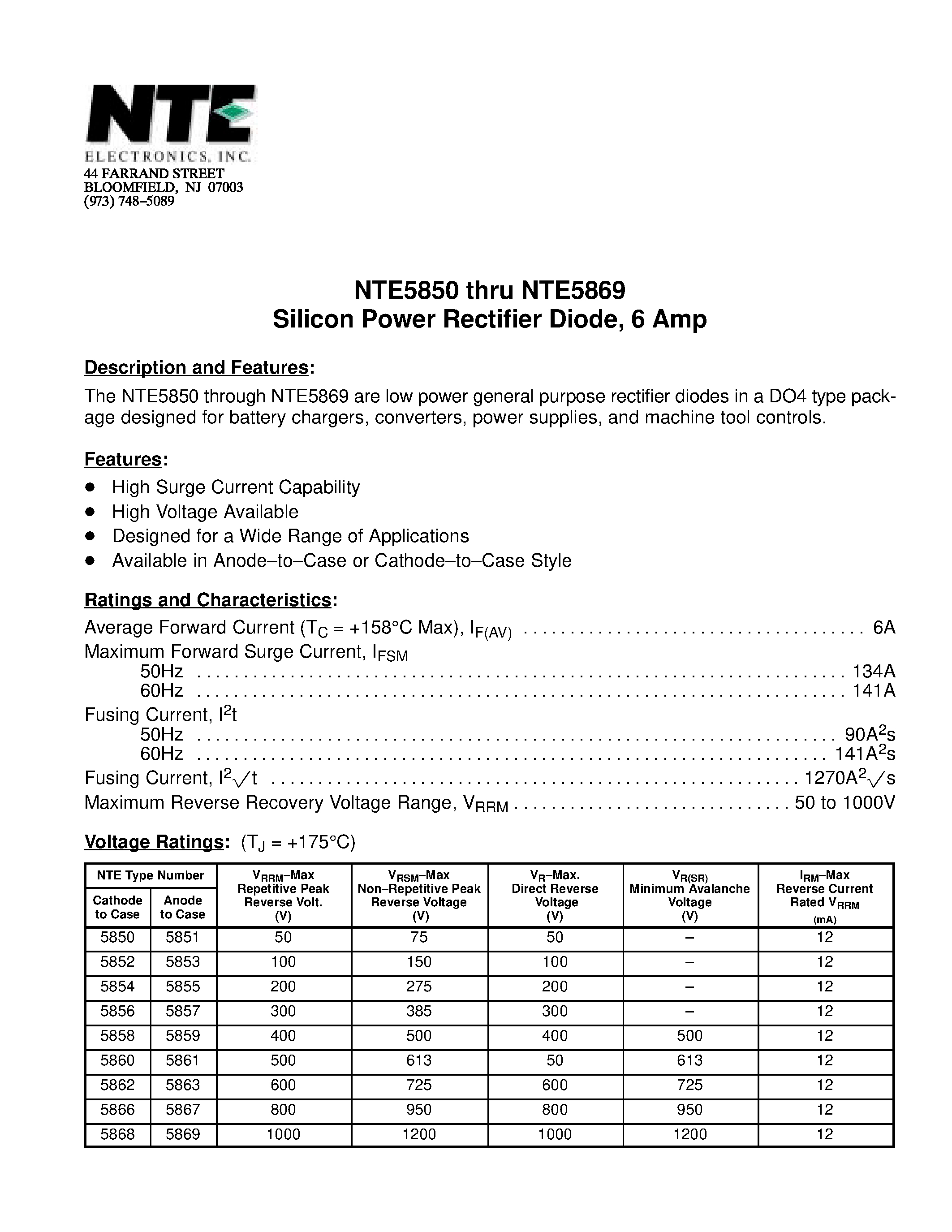 Datasheet NTE5850 - Silicon Power Rectifier Diode / 6 Amp page 1