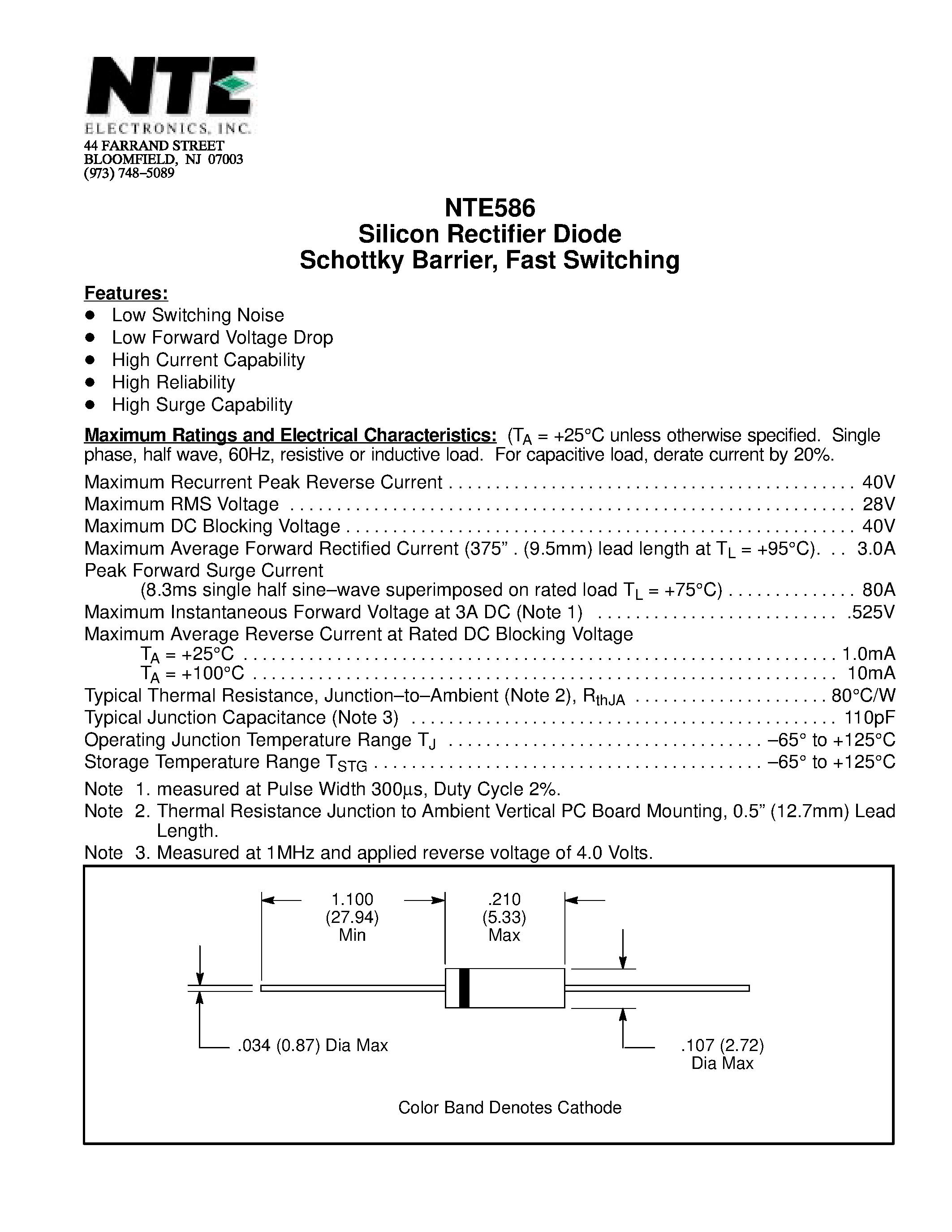 Даташит NTE586 - Silicon Rectifier Diode Schottky Barrier / Fast Switching страница 1