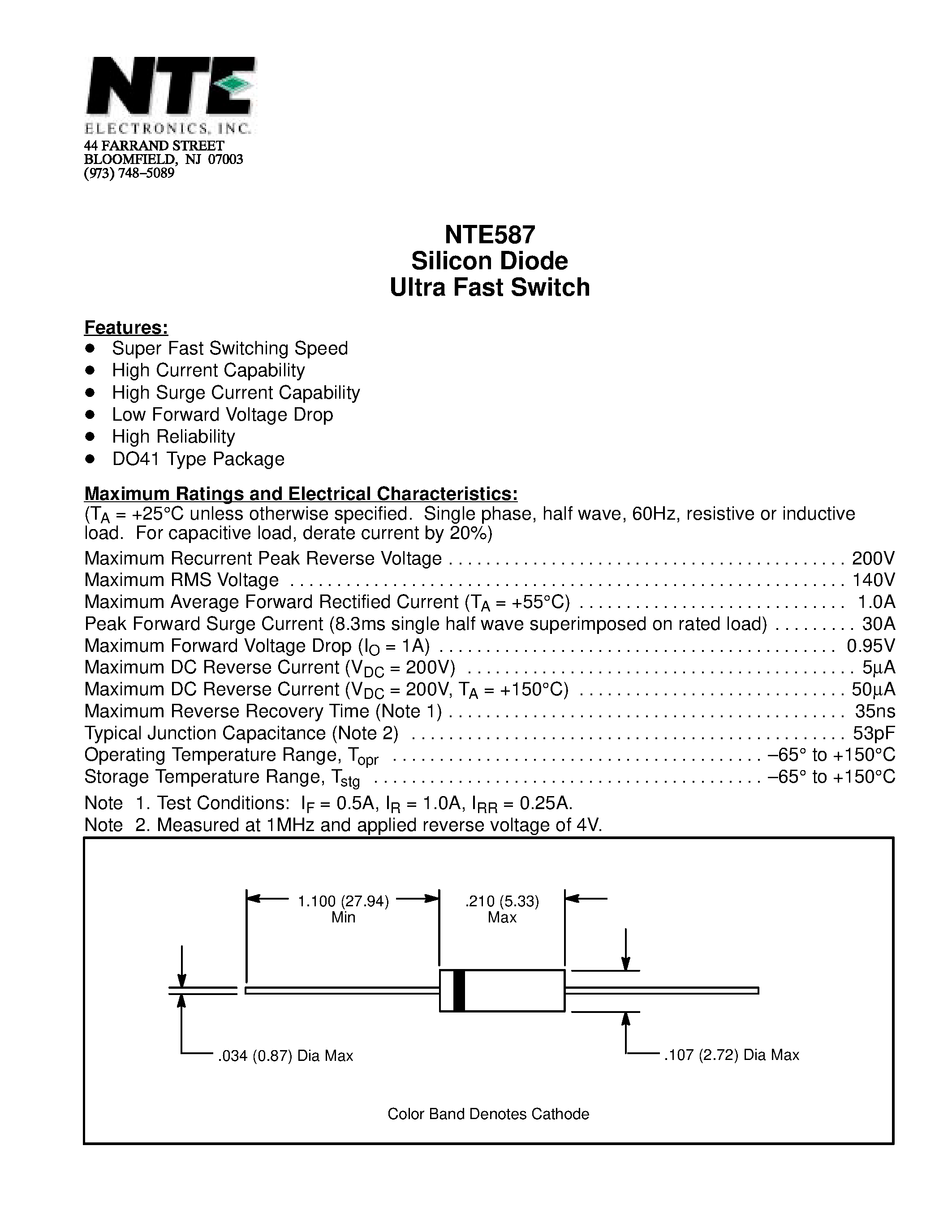 Datasheet NTE587 - Silicon Diode Ultra Fast Switch page 1