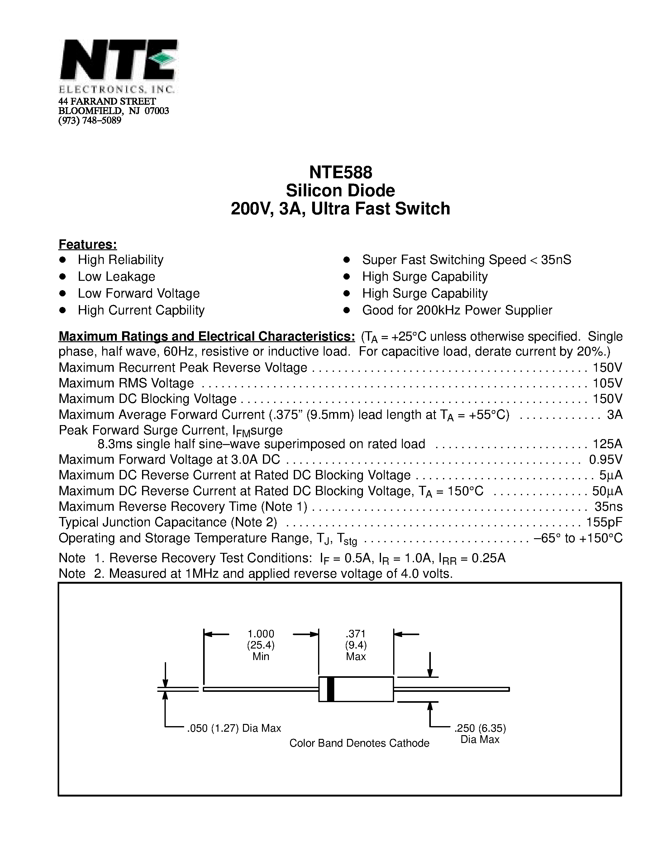 Datasheet NTE588 page 1 Datasheet NTE588 - Silicon Diode 200V / 3A / Ultra Fast Switch page 1