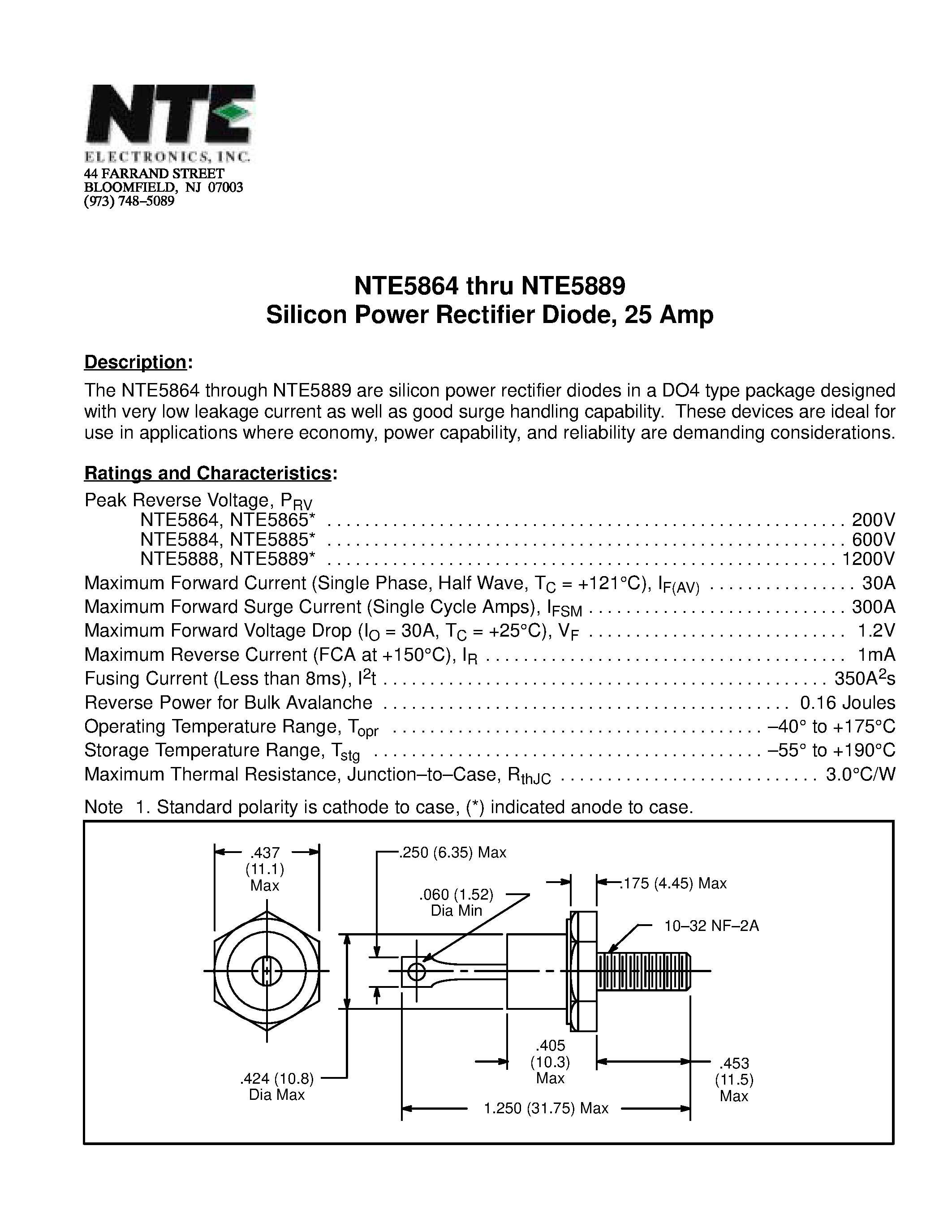 Даташит NTE5889 - Silicon Power Rectifier Diode / 25 Amp страница 1