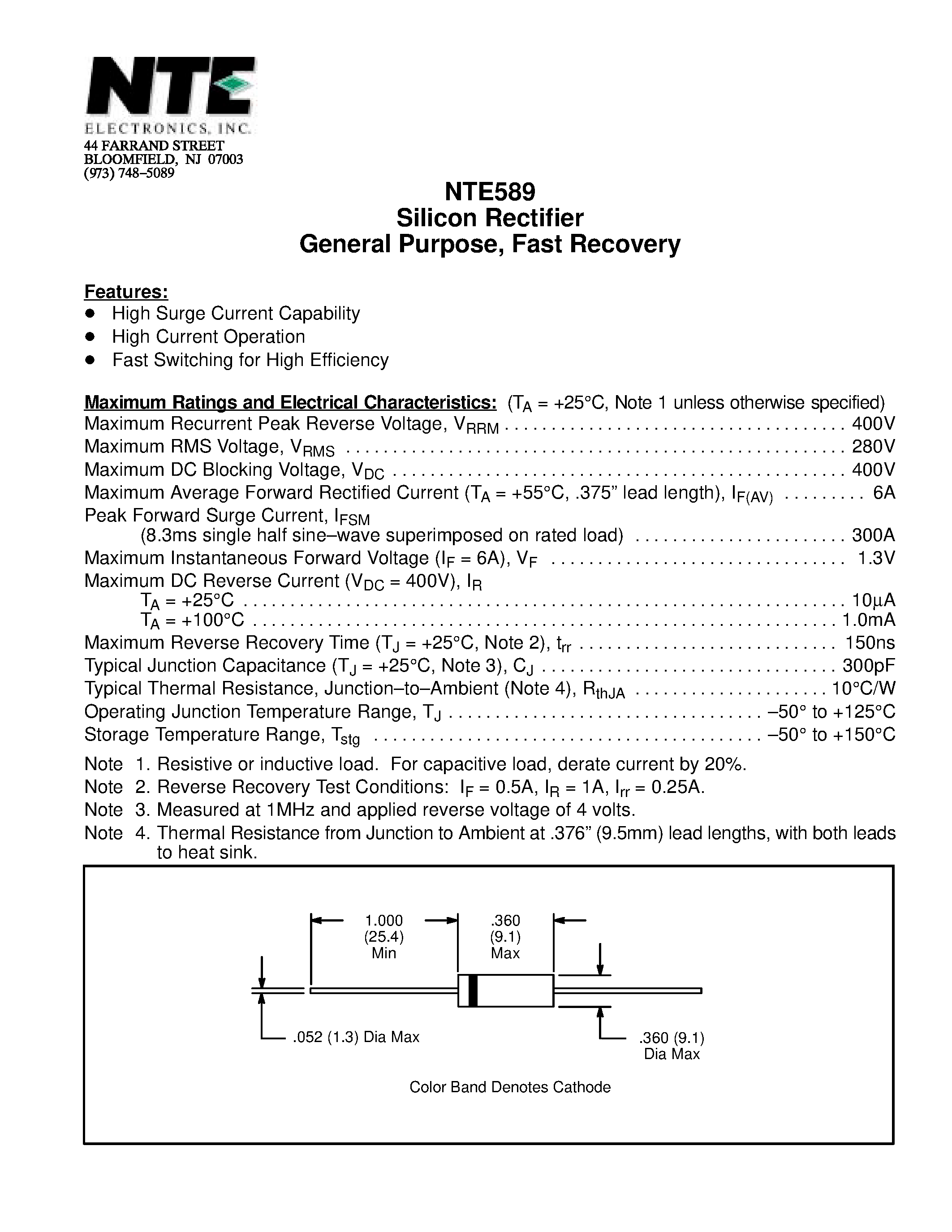 Даташит NTE589 - Silicon Rectifier General Purpose / Fast Recovery страница 1