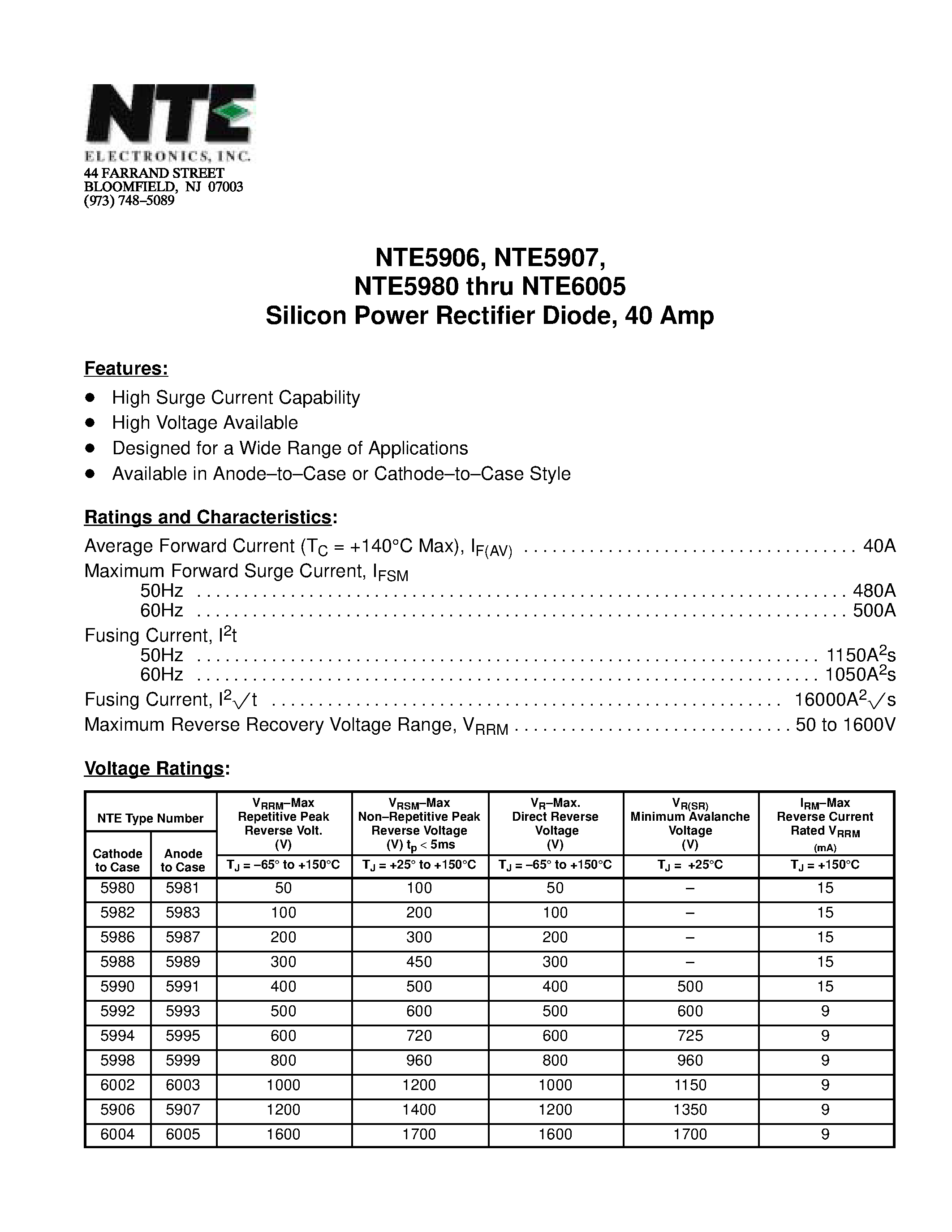 Даташит NTE5907 - Silicon Power Rectifier Diode / 40 Amp страница 1
