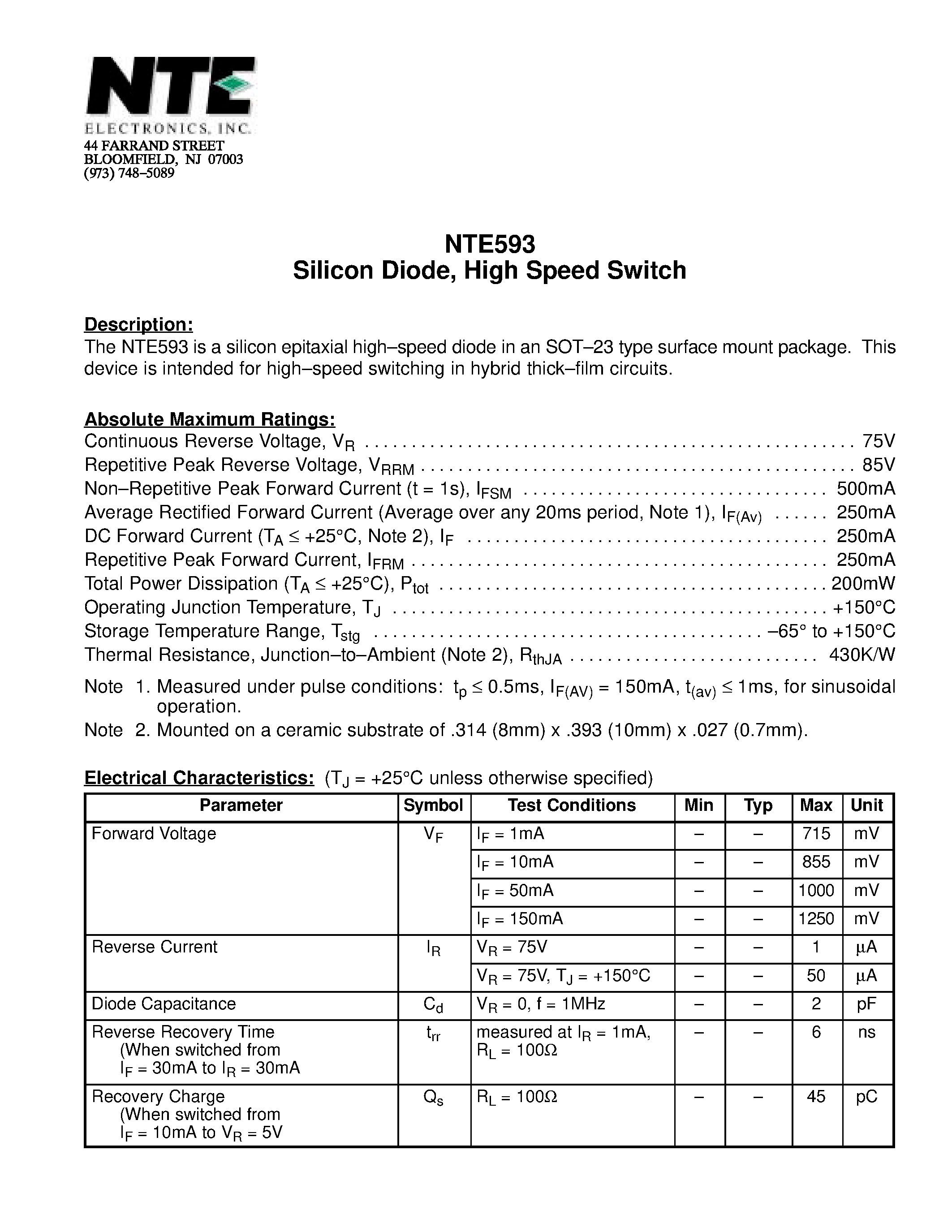 Datasheet NTE593 - Silicon Diode / High Speed Switch page 1