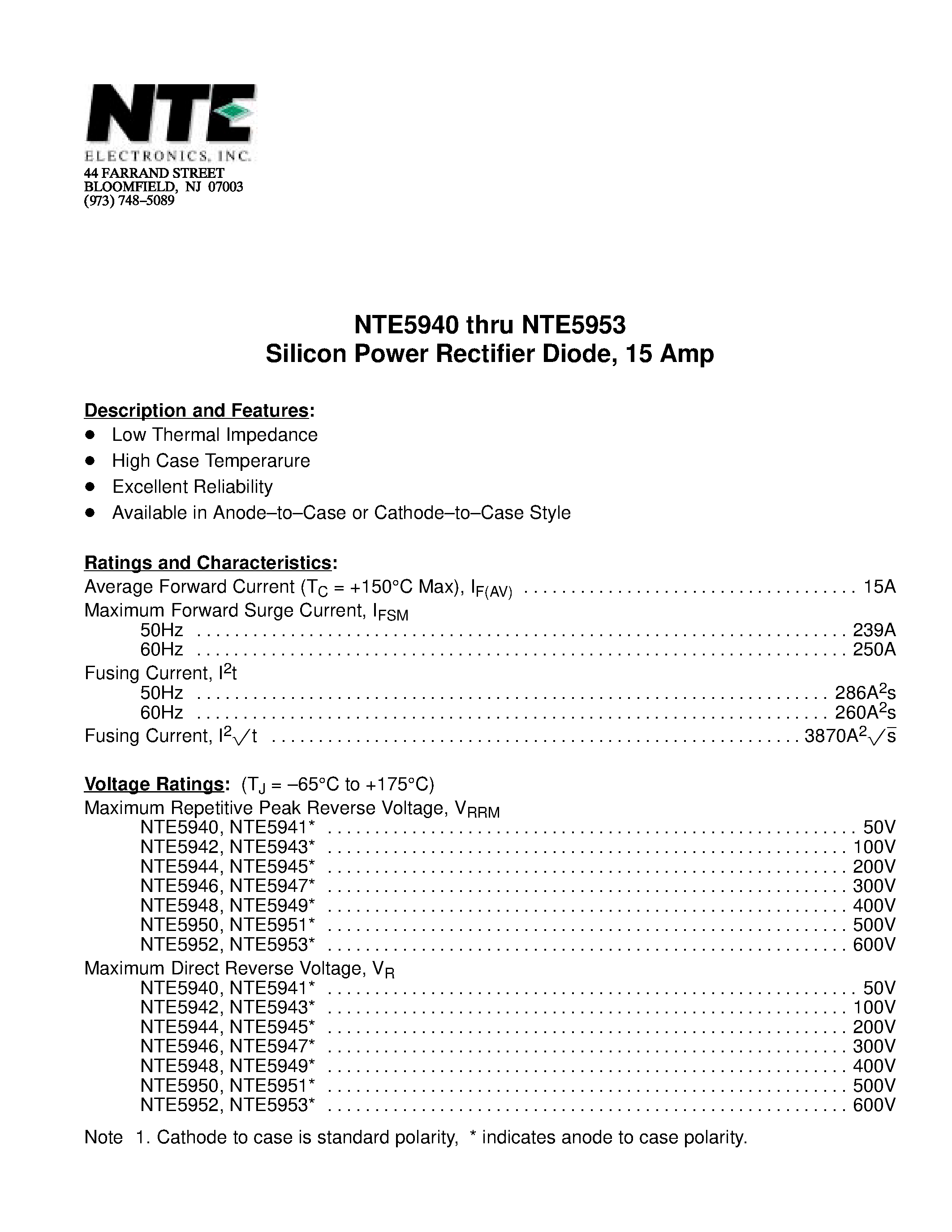 Даташит NTE5940 - Silicon Power Rectifier Diode / 15 Amp страница 1