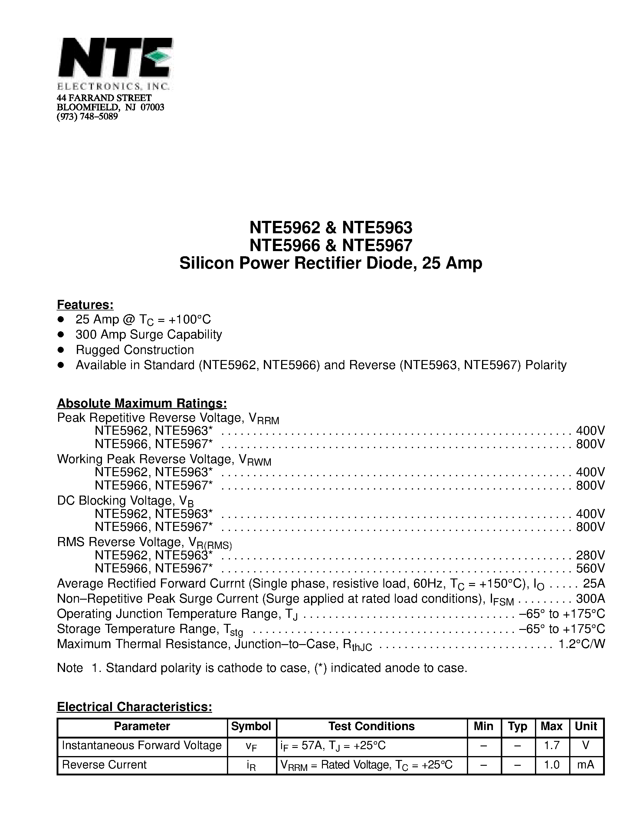 Даташит NTE5963 - Silicon Power Rectifier Diode / 25 Amp страница 1