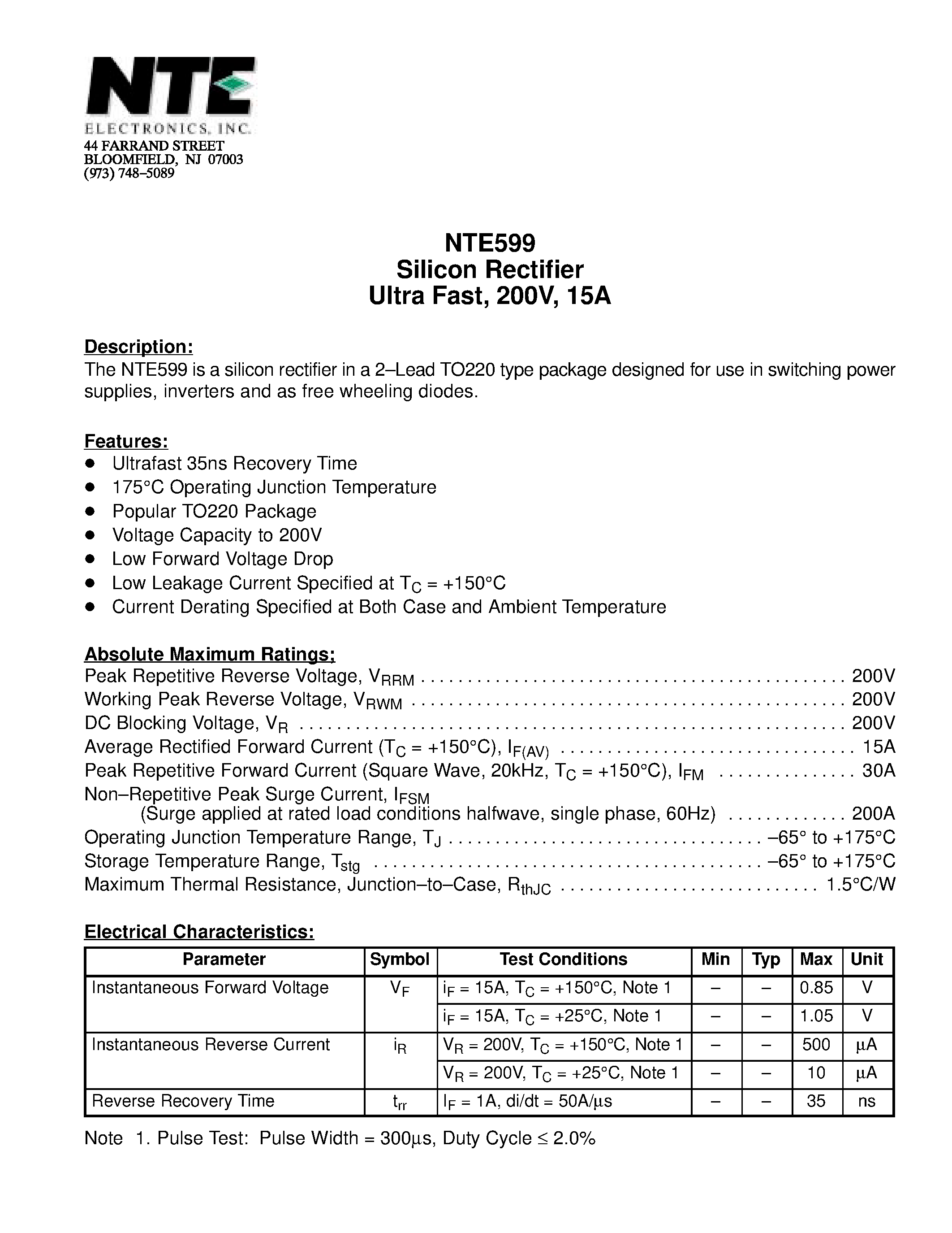 Даташит NTE599 - Silicon Rectifier Ultra Fast / 200V / 15A страница 1