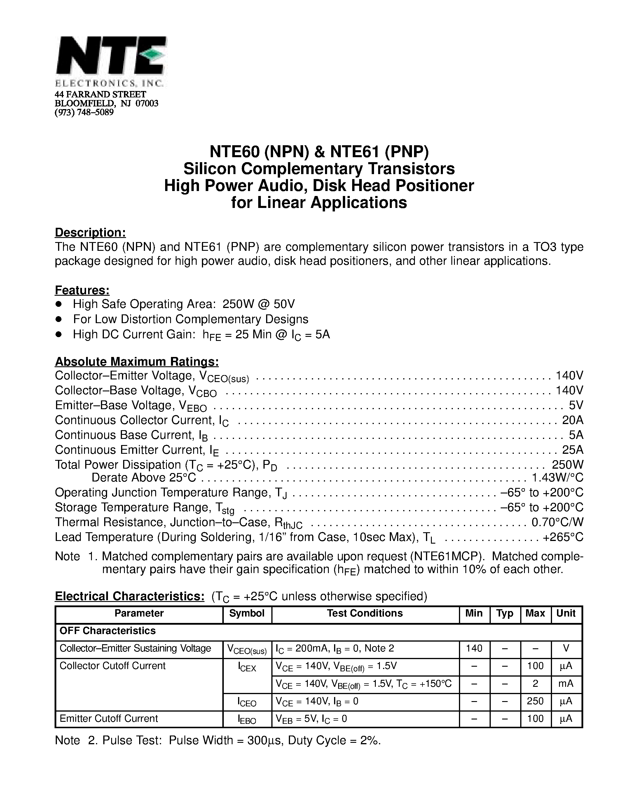 Datasheet NTE60 - Silicon Complementary Transistors High Power Audio / Disk Head Positioner for Linear Applications page 1