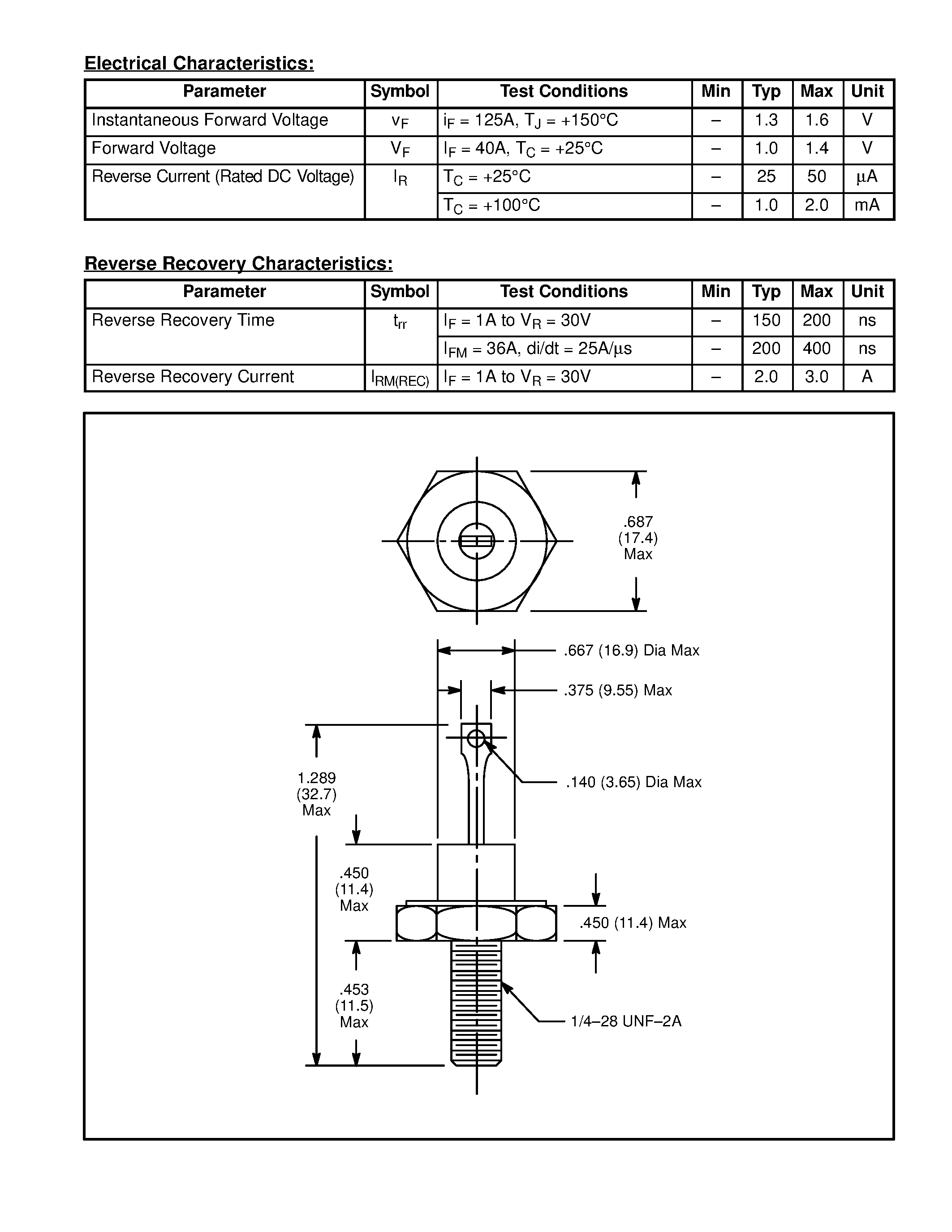 Даташит NTE6011 - Fast Recovery Rectifier / 40A / 200ns страница 2