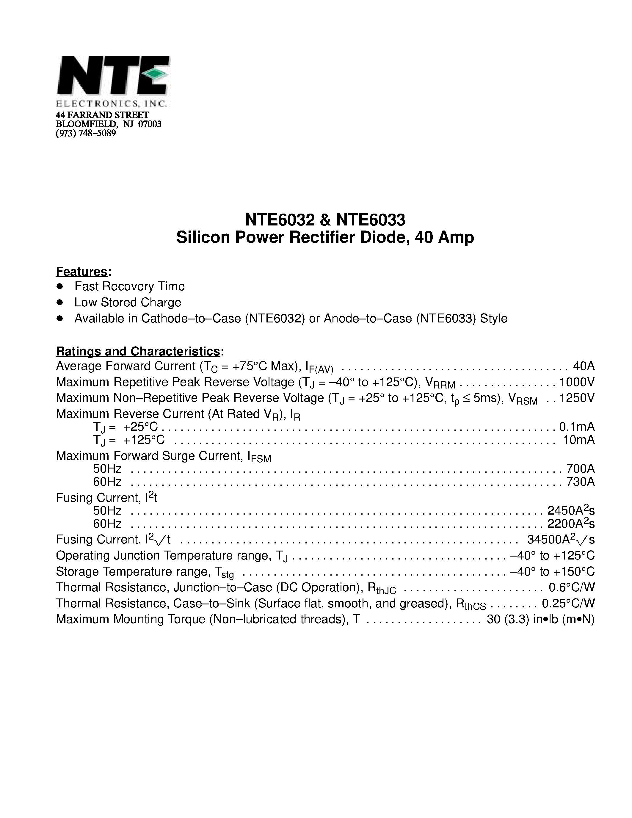 Даташит NTE6033 - Silicon Power Rectifier Diode / 40 Amp страница 1