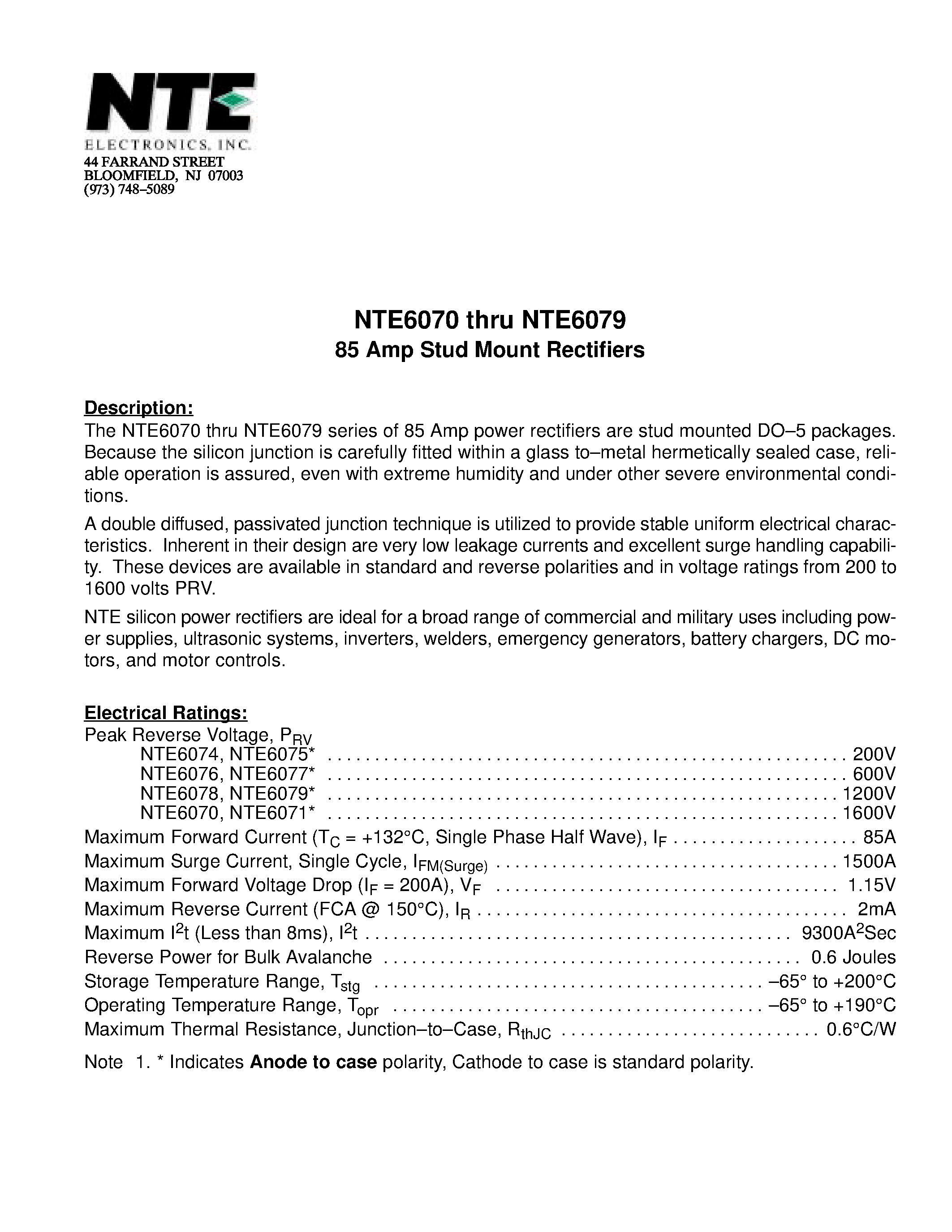 Datasheet NTE6070 page 1 Datasheet NTE6070 - 85 Amp Stud Mount Rectifiers page 1