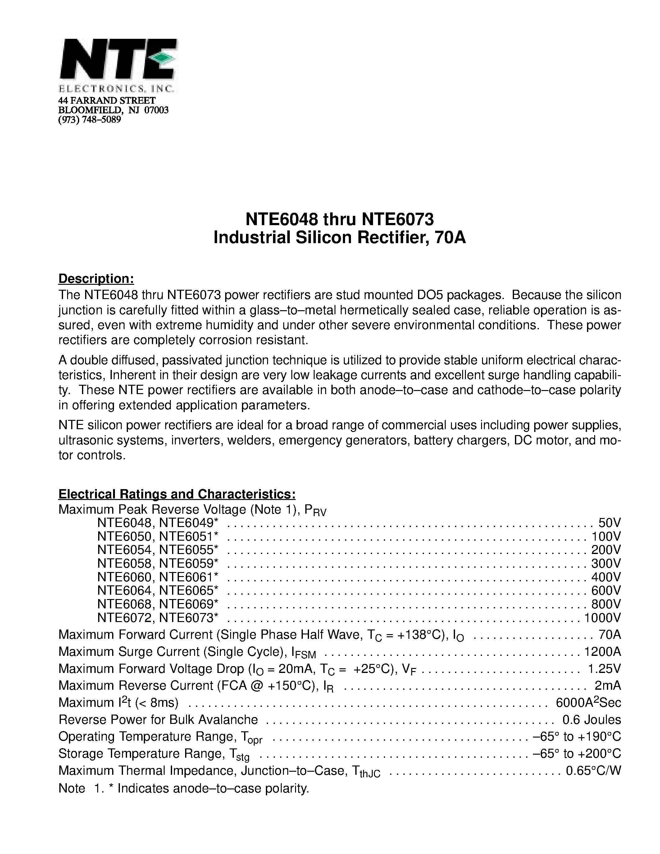 Даташит NTE6073 - Industrial Silicon Rectifier / 70A страница 1