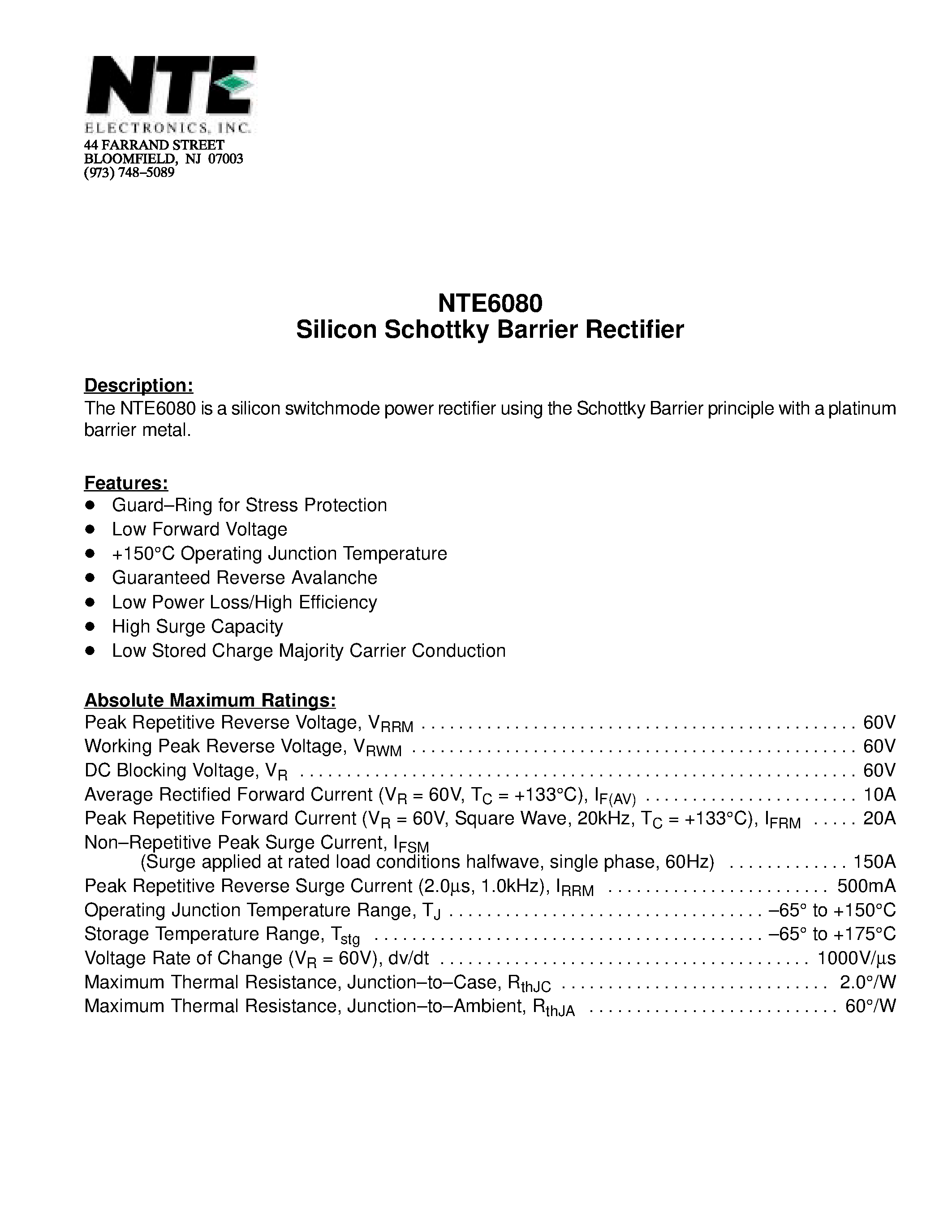 Даташит NTE6080 - Silicon Schottky Barrier Rectifier страница 1