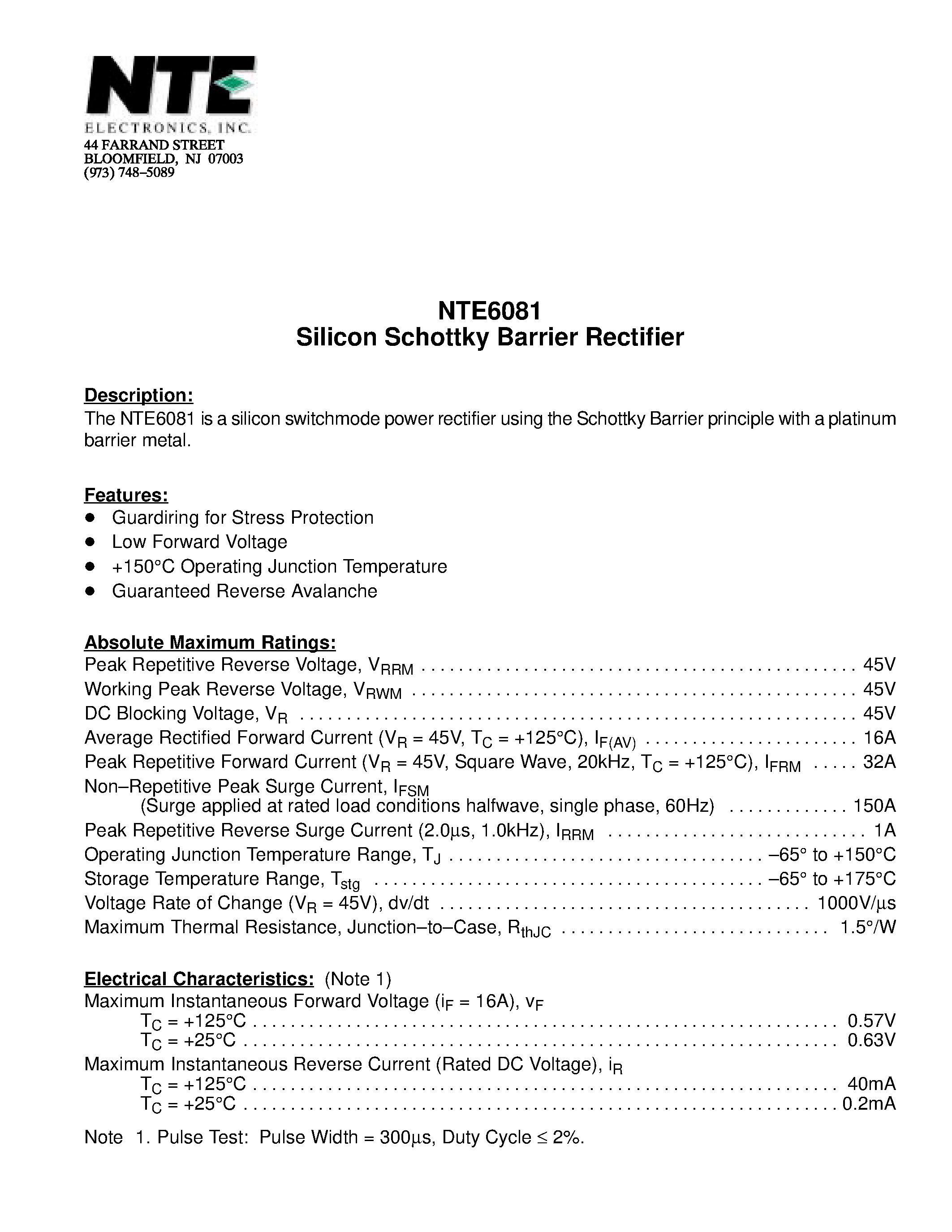 Даташит NTE6081 - Silicon Schottky Barrier Rectifier страница 1