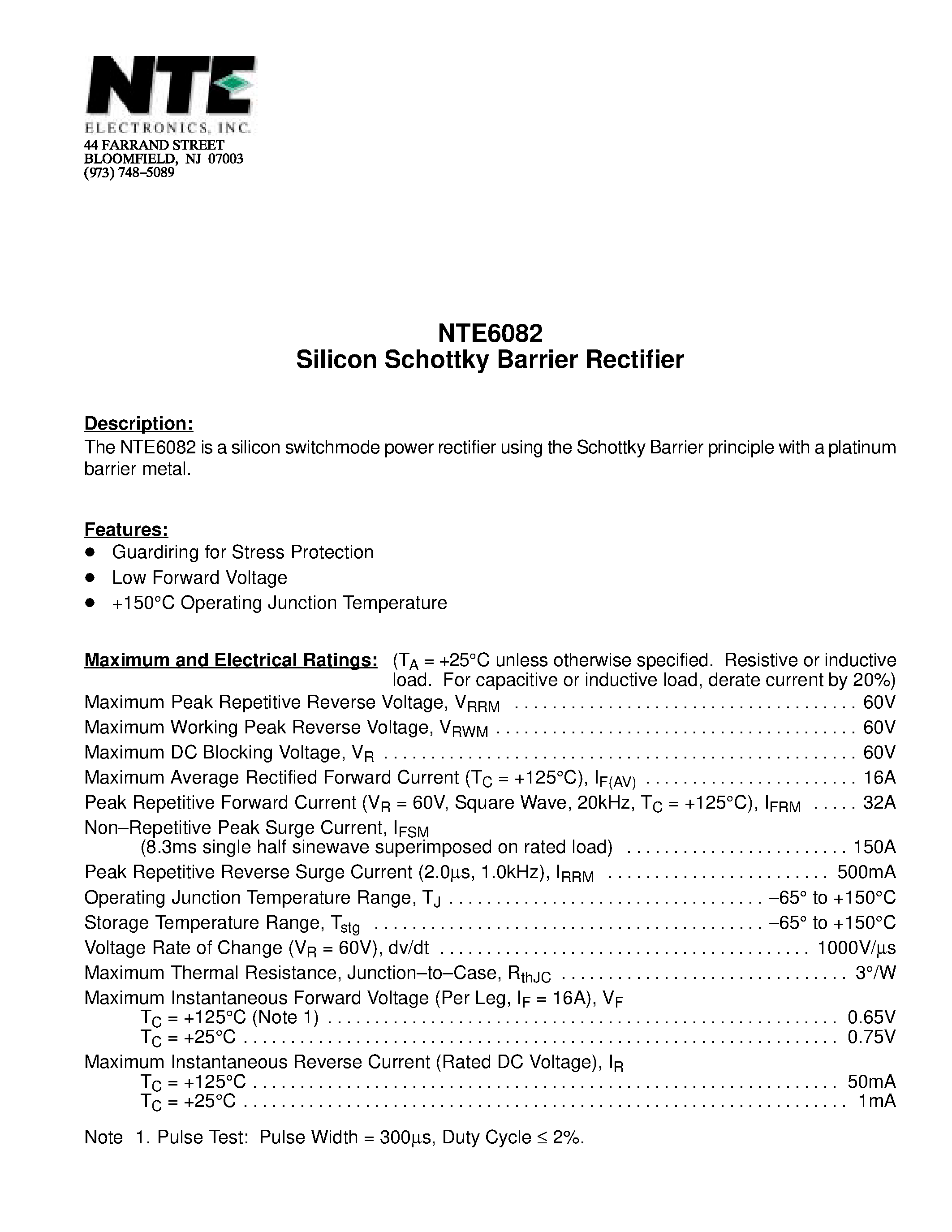 Даташит NTE6082 - Silicon Schottky Barrier Rectifier страница 1