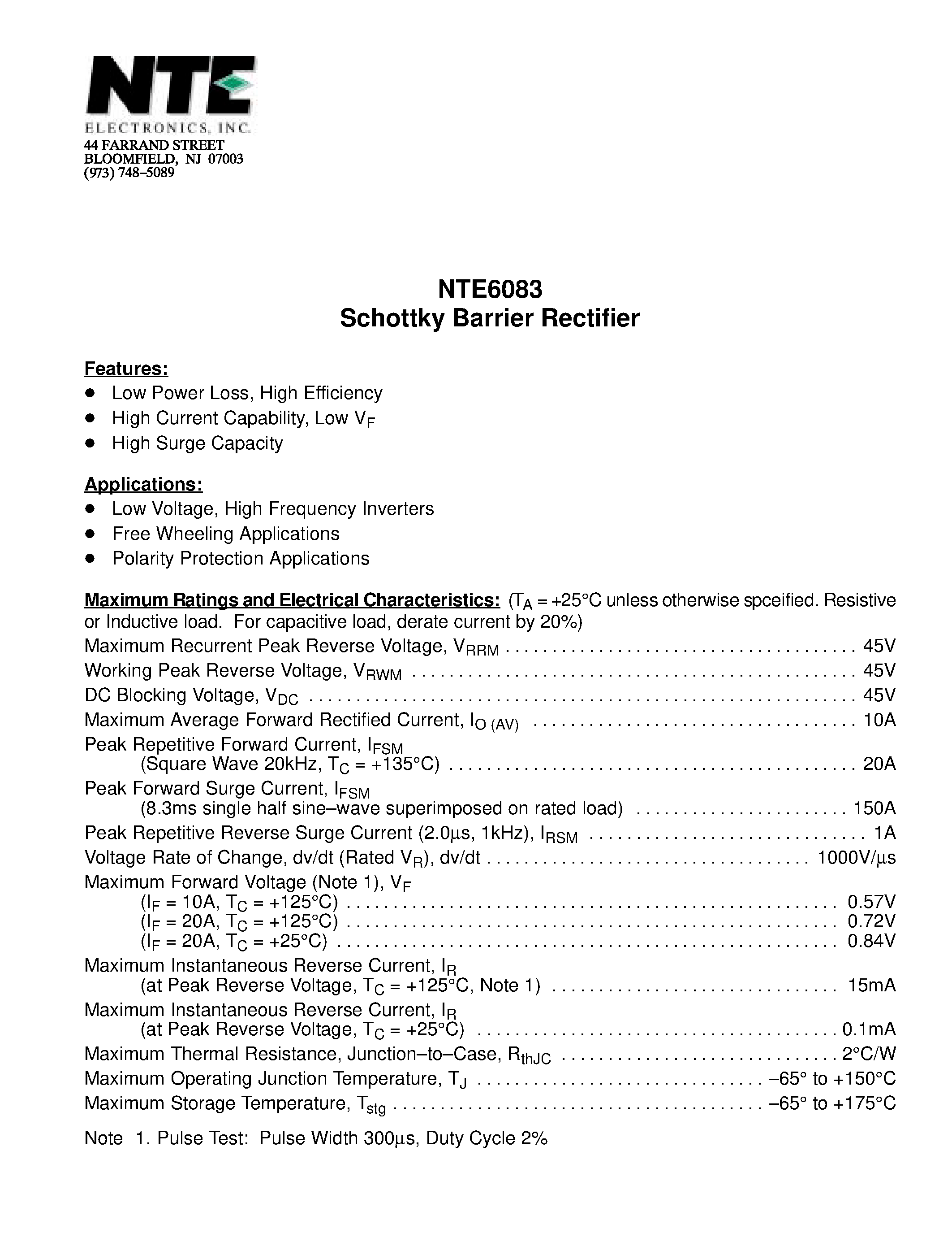 Даташит NTE6083 - Schottky Barrier Rectifier страница 1