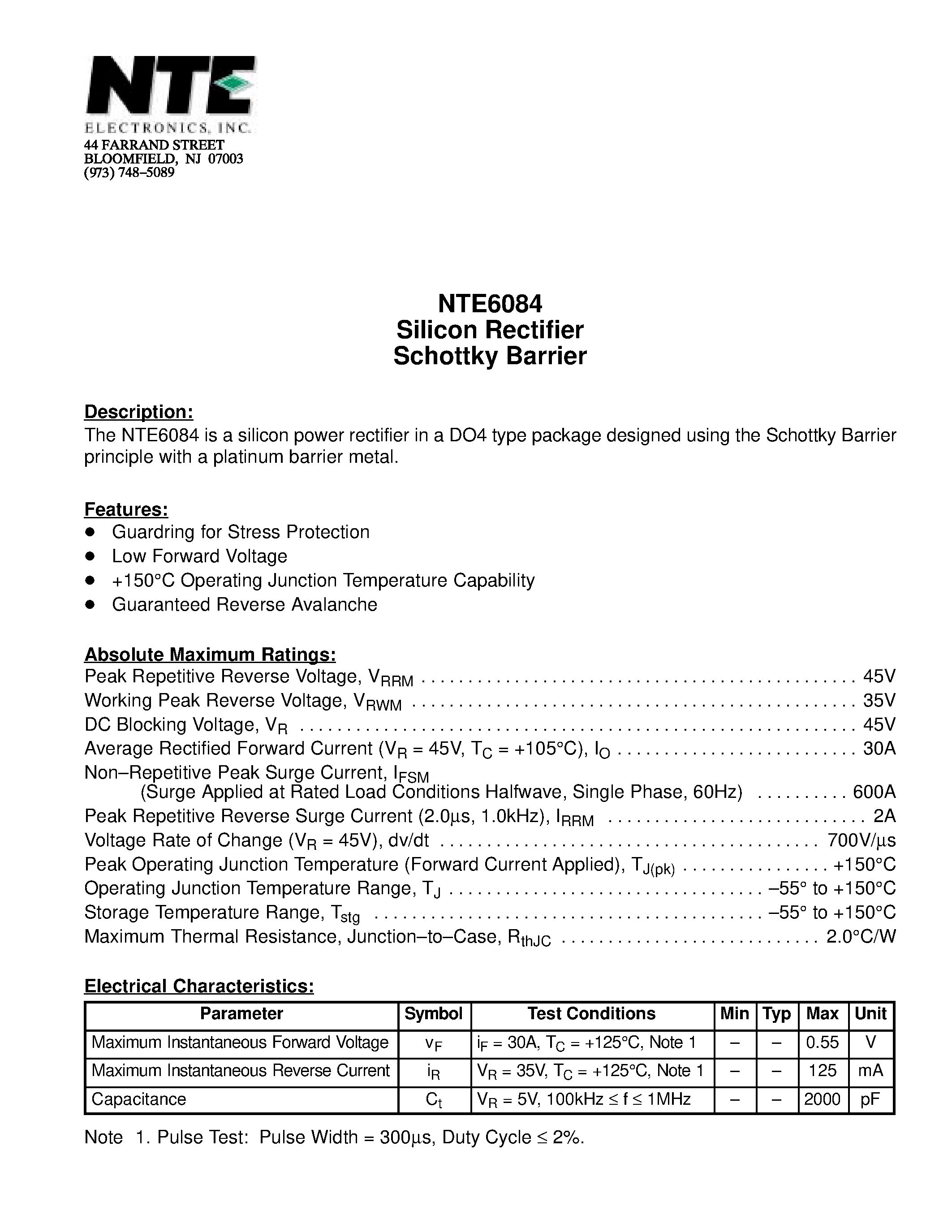 Даташит NTE6084 - Silicon Rectifier Schottky Barrier страница 1