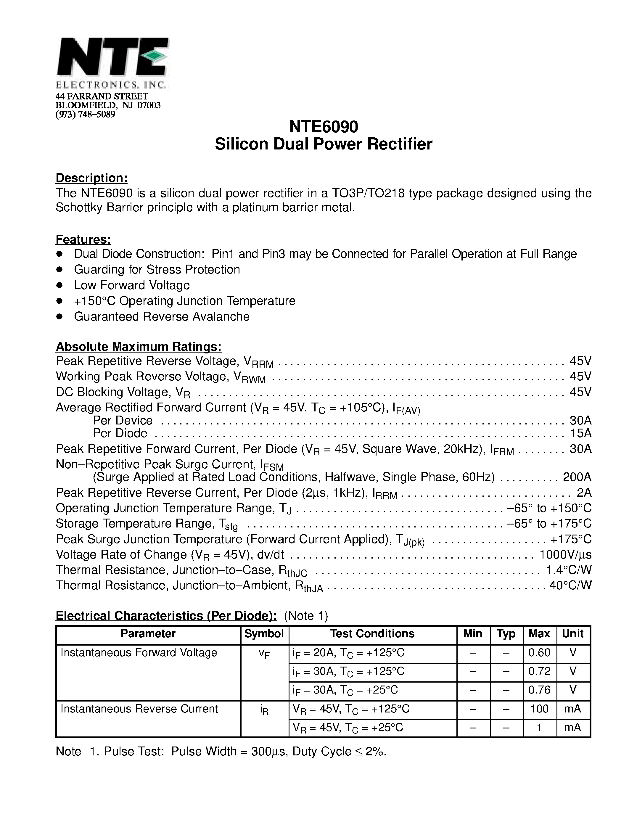 Даташит NTE6090 - Silicon Dual Power Rectifier страница 1