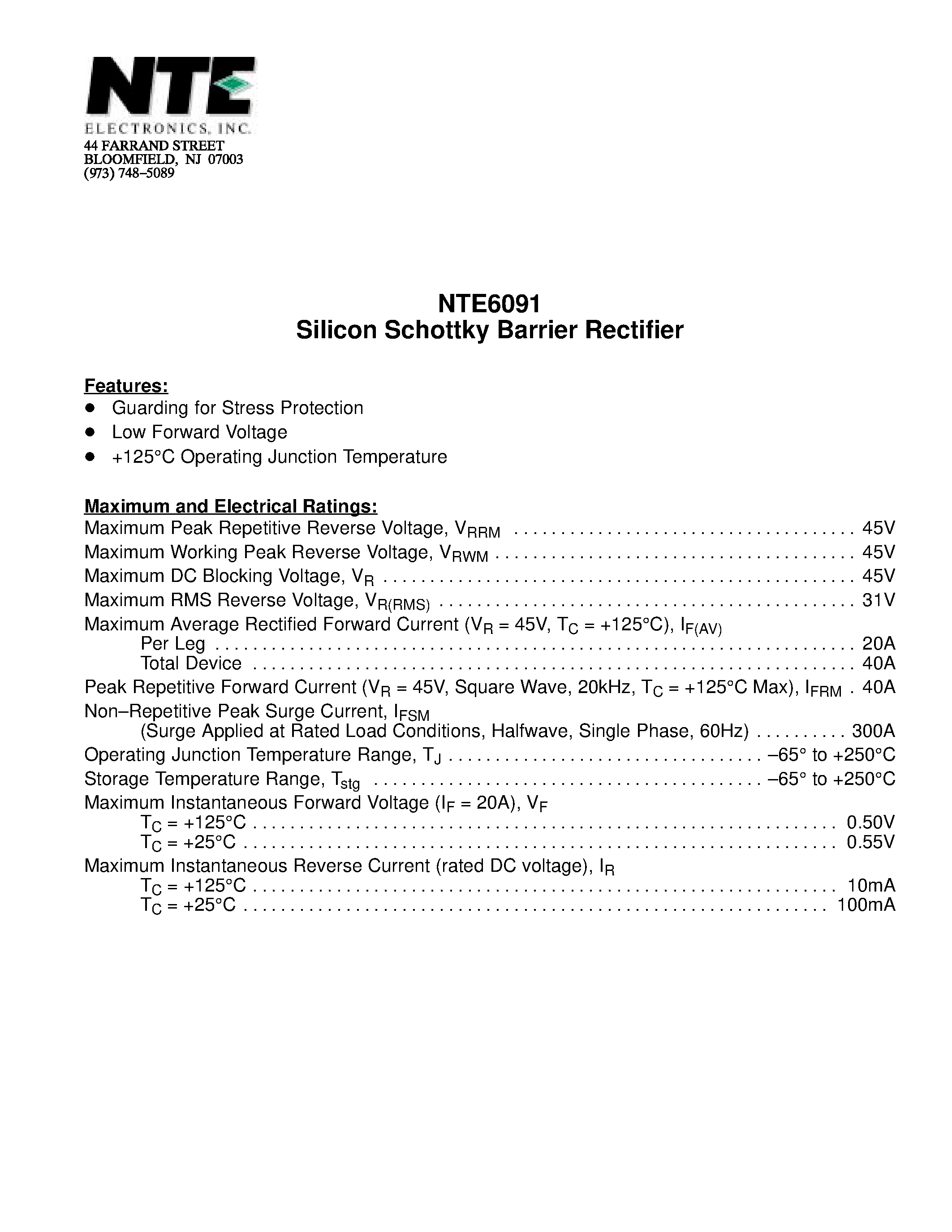 Даташит NTE6091 - Silicon Schottky Barrier Rectifier страница 1