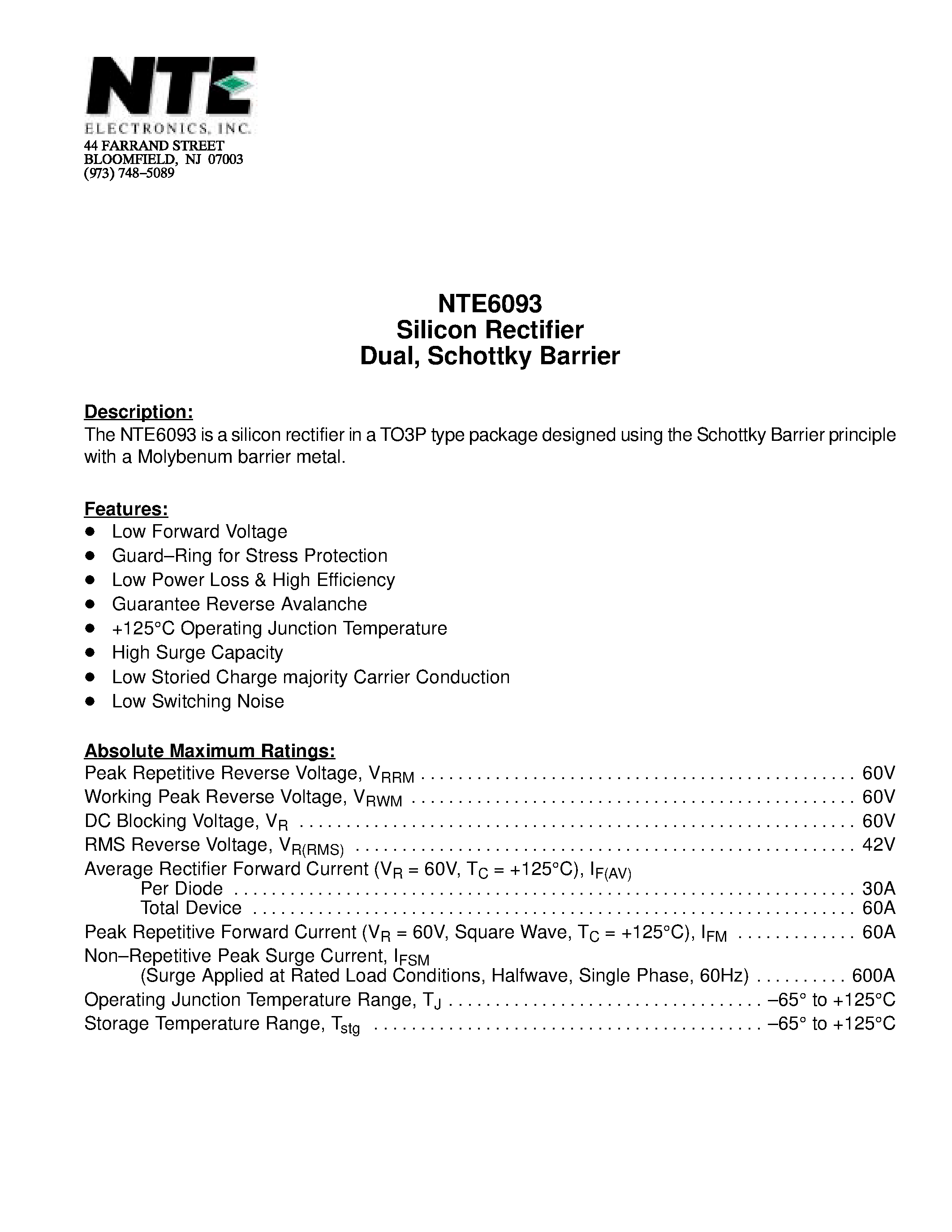 Даташит NTE6093 - Silicon Rectifier Dual / Schottky Barrier страница 1