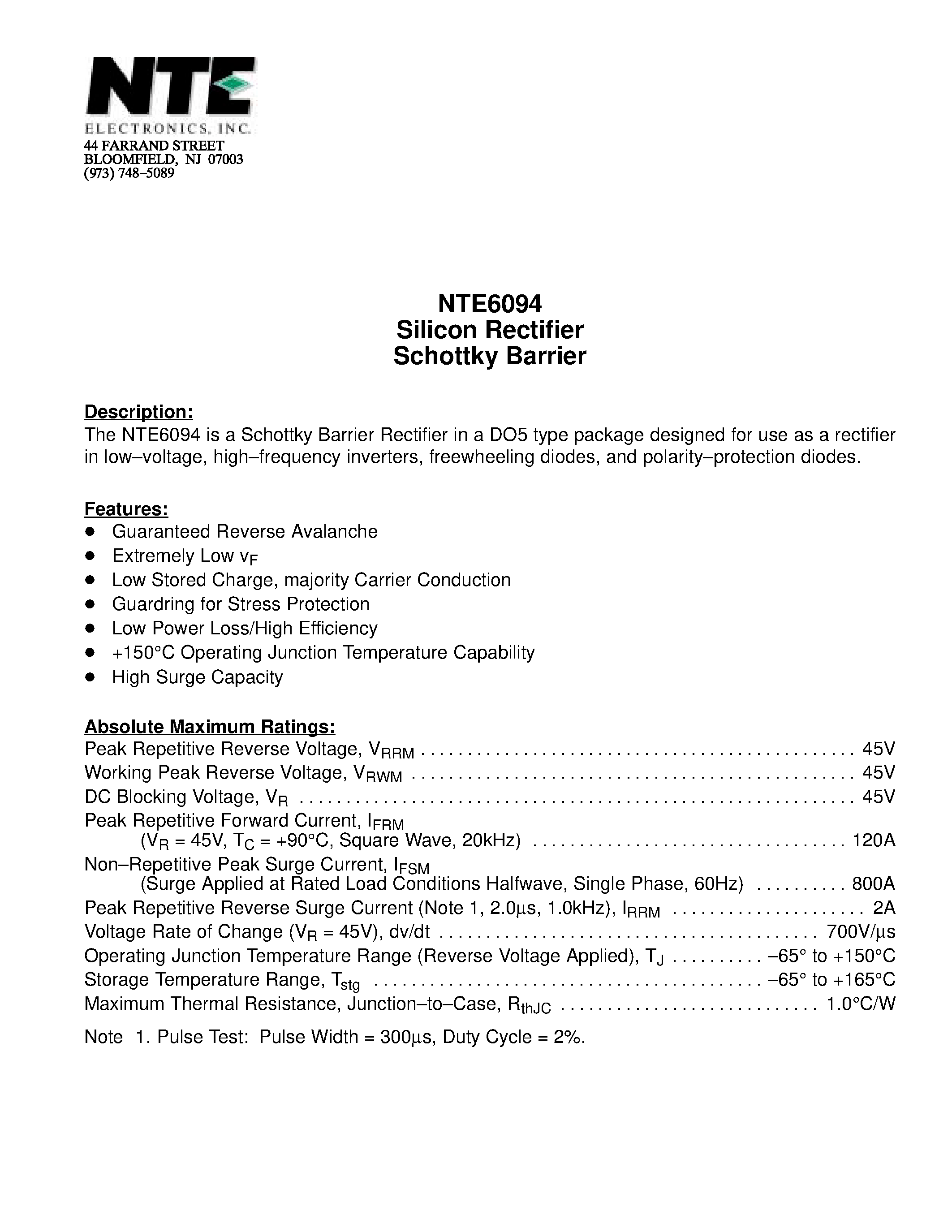 Даташит NTE6094 - Silicon Rectifier Schottky Barrier страница 1